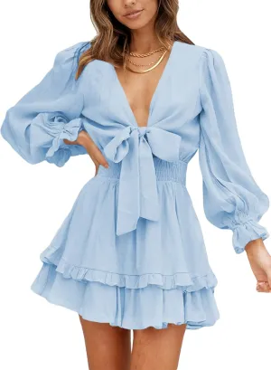 AlvaQ Womens Dresses Spring Summer Knot Front V Neck Ruffles Long Sleeve Floral Print Swing Mini Dress