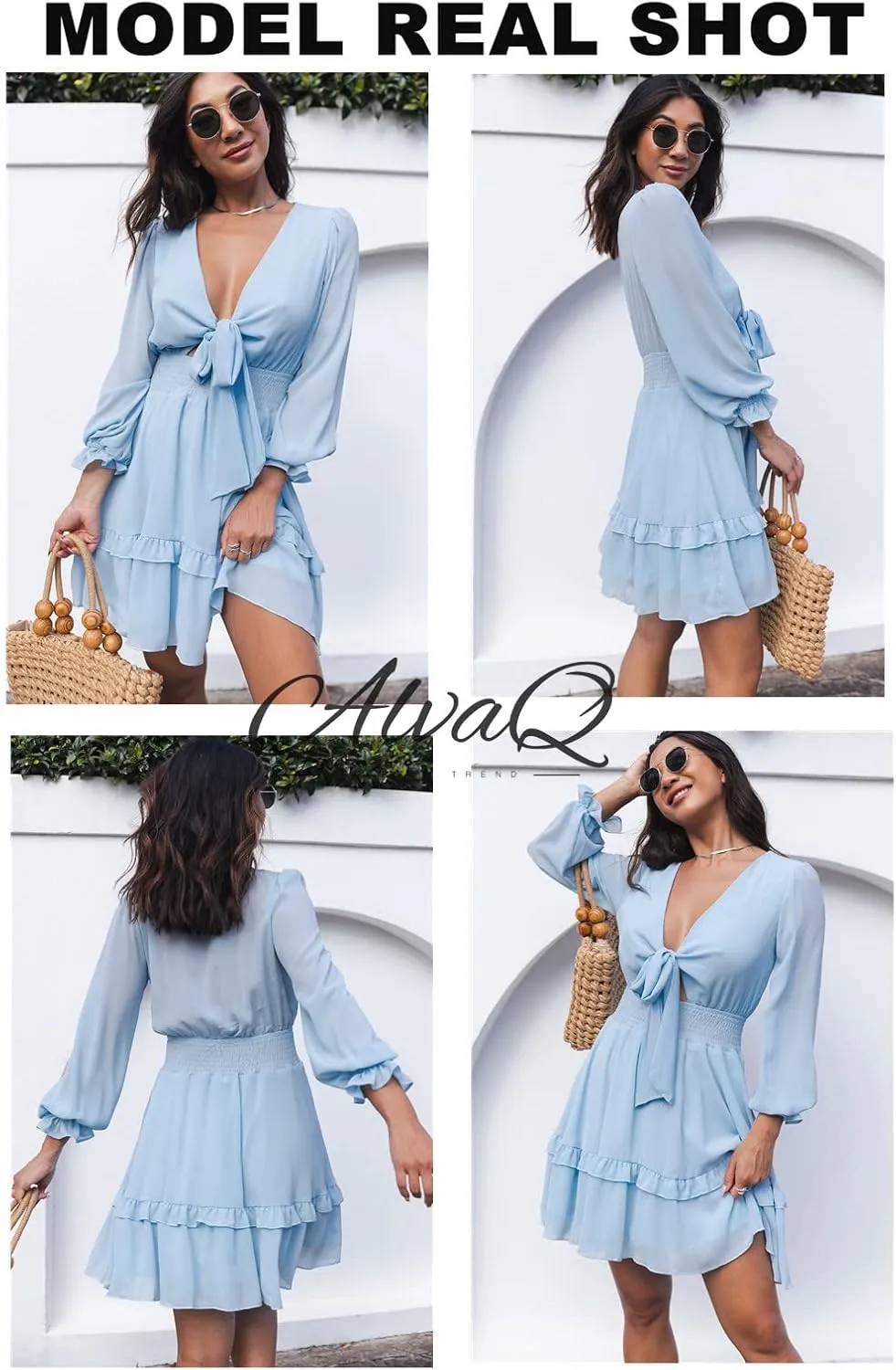 AlvaQ Womens Dresses Spring Summer Knot Front V Neck Ruffles Long Sleeve Floral Print Swing Mini Dress