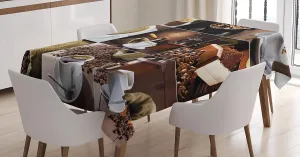 Ambesonne Coffee Tablecloth, Different Photos of Coffee Mugs and Roasted Bean Bags Grinder Sugarcubes Collage, Dining Room Kitchen Rectangular Table Cover, 52" X 70", White Brown