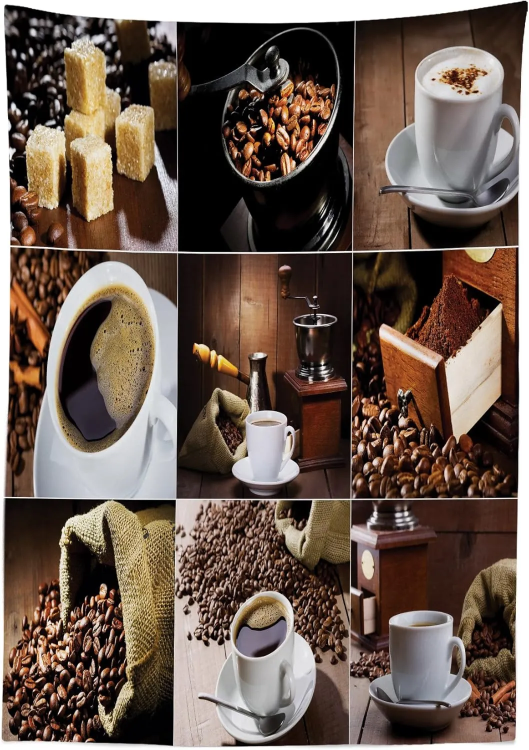Ambesonne Coffee Tablecloth, Different Photos of Coffee Mugs and Roasted Bean Bags Grinder Sugarcubes Collage, Dining Room Kitchen Rectangular Table Cover, 52" X 70", White Brown