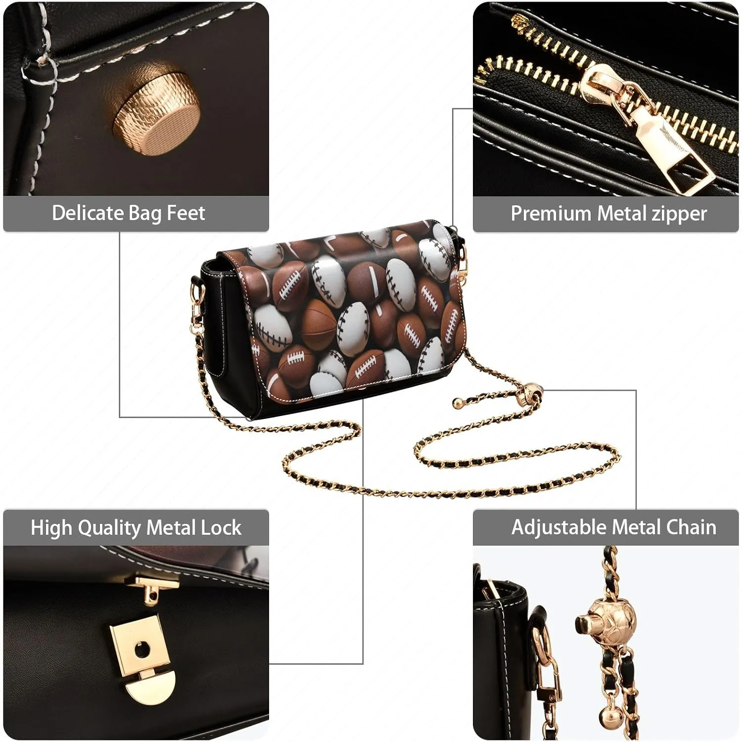 American Football Balls Womens Leather Crossbody, Leather Purses for Women Crossbody Bag, Shoulder Bag with Zipper