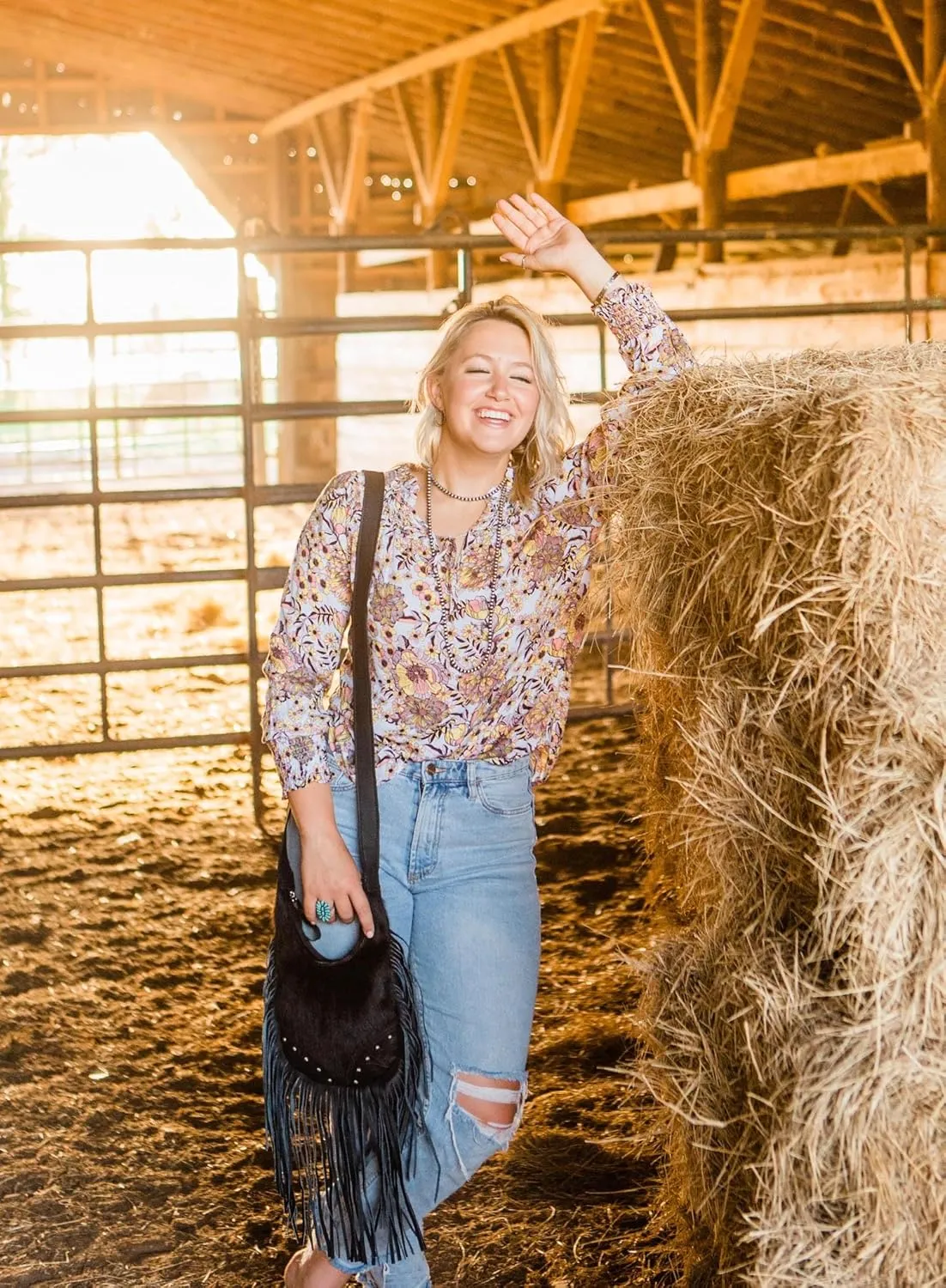 American West Fringed Cowgirl Crossbody with Fringe | Hand-Tooled Genuine Leather