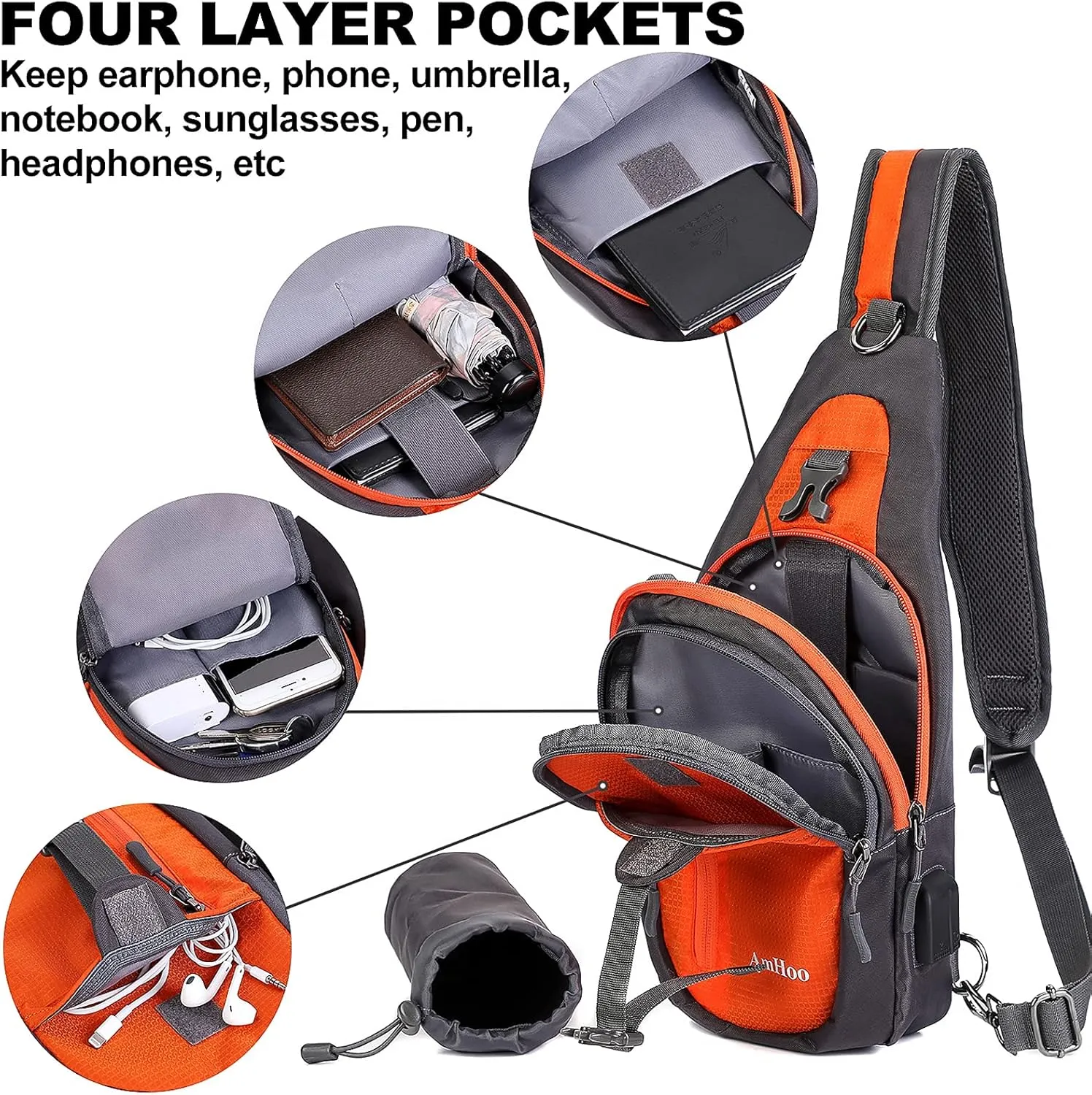 AmHoo Sling Backpack Chest Shoudler Crossbody Bag Water Resistant Hiking Daypack