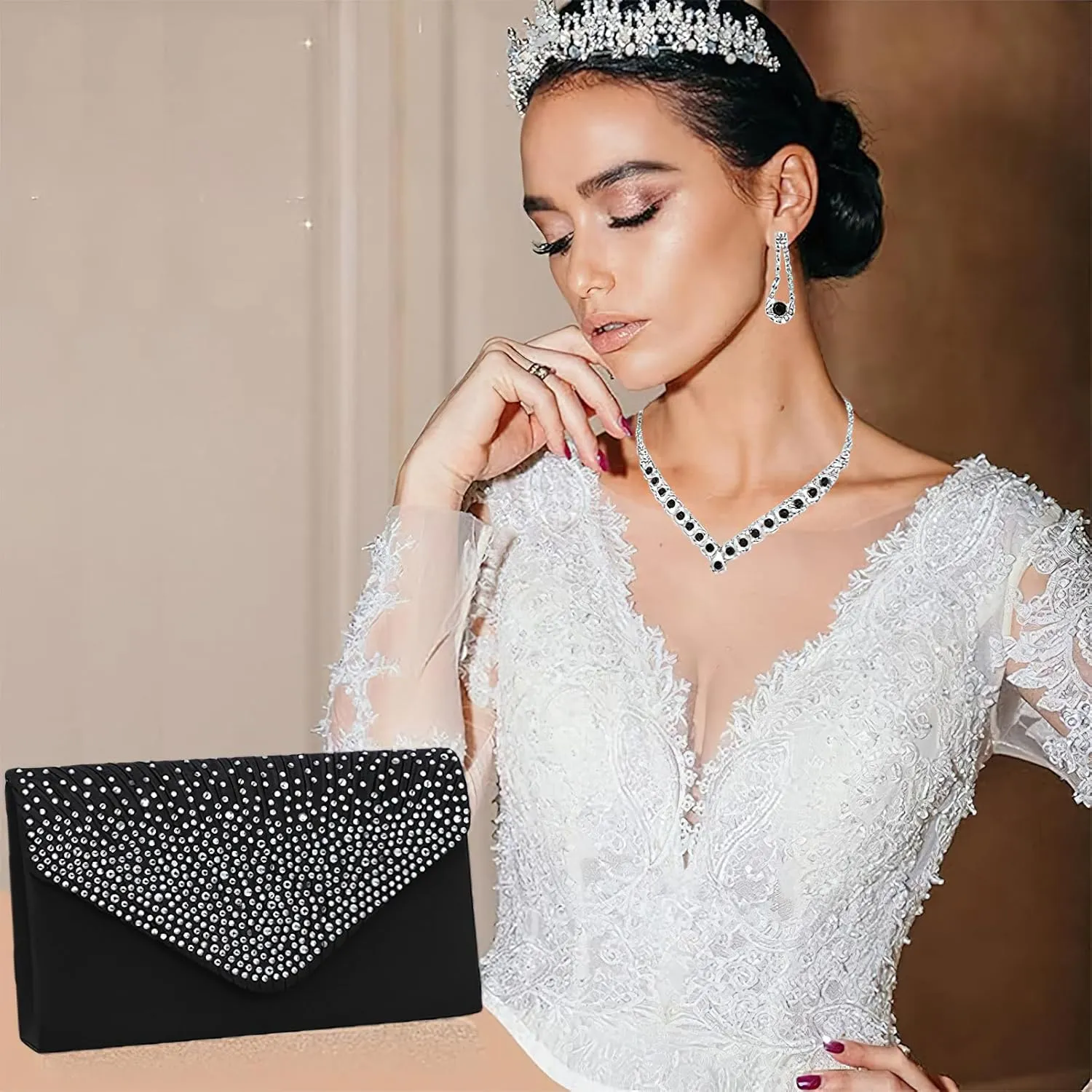 ANUFER Women's Zircon Rhinestones 4 Pieces Jewelry and Clutch Purse Set for Wedding Prom Evening Party
