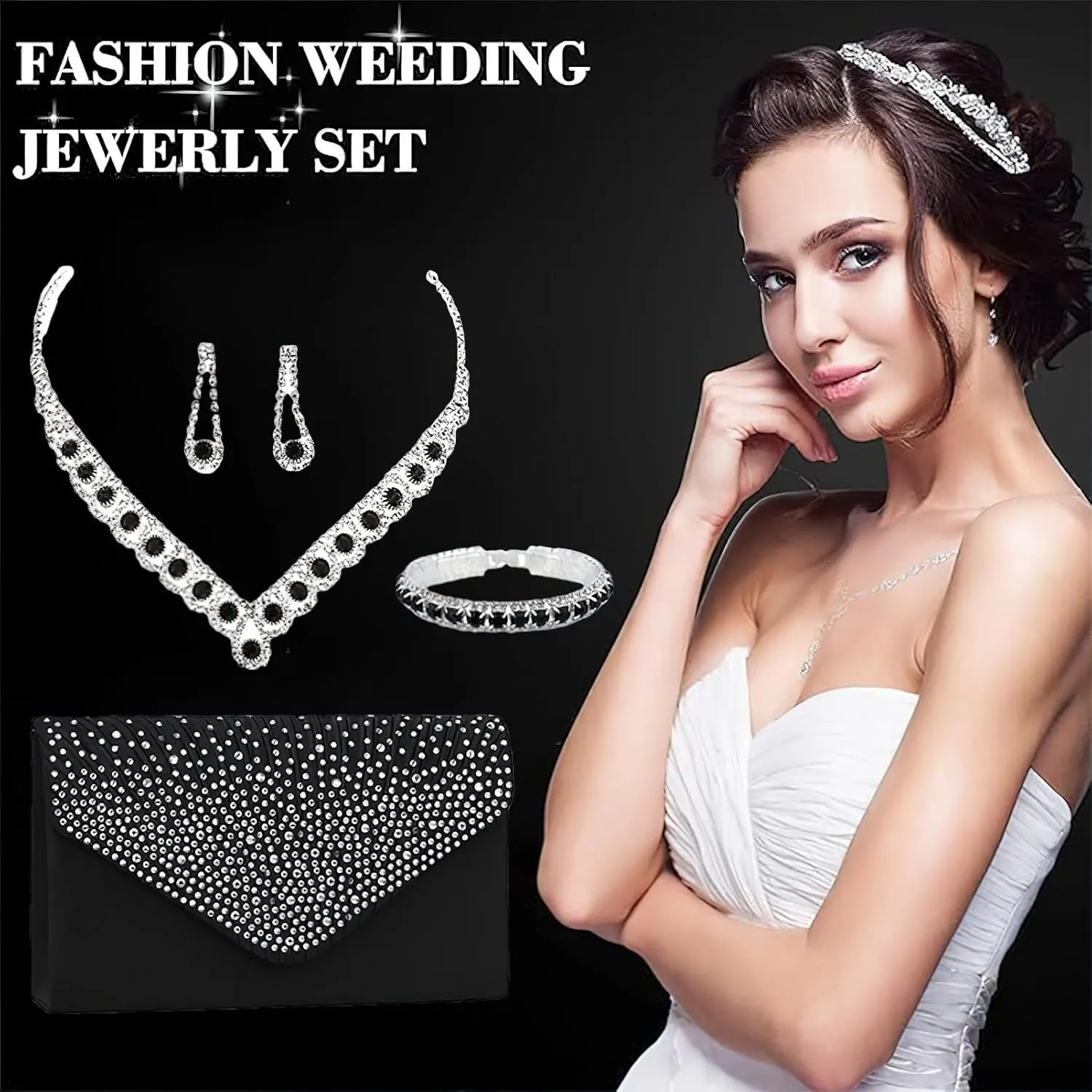 ANUFER Women's Zircon Rhinestones 4 Pieces Jewelry and Clutch Purse Set for Wedding Prom Evening Party