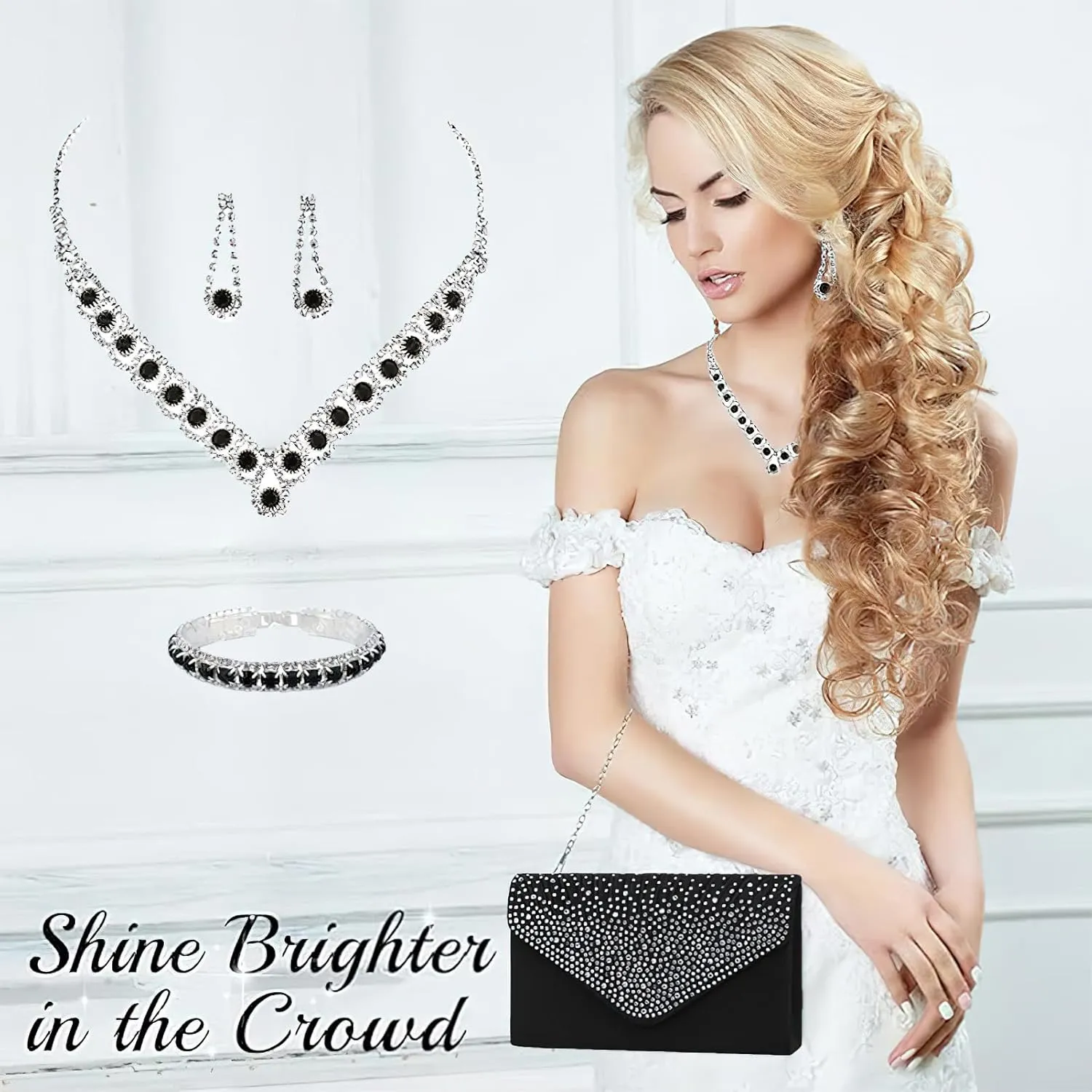 ANUFER Women's Zircon Rhinestones 4 Pieces Jewelry and Clutch Purse Set for Wedding Prom Evening Party