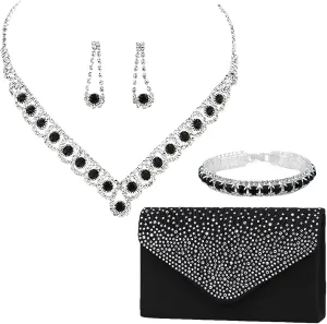 ANUFER Women's Zircon Rhinestones 4 Pieces Jewelry and Clutch Purse Set for Wedding Prom Evening Party