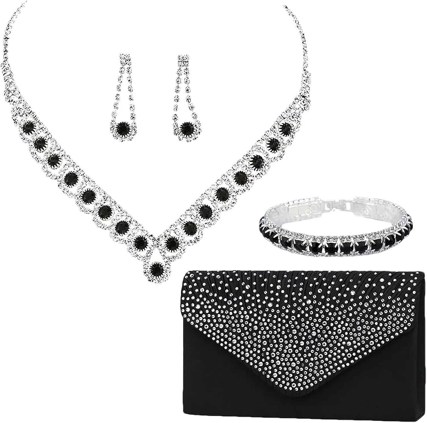 ANUFER Women's Zircon Rhinestones 4 Pieces Jewelry and Clutch Purse Set for Wedding Prom Evening Party