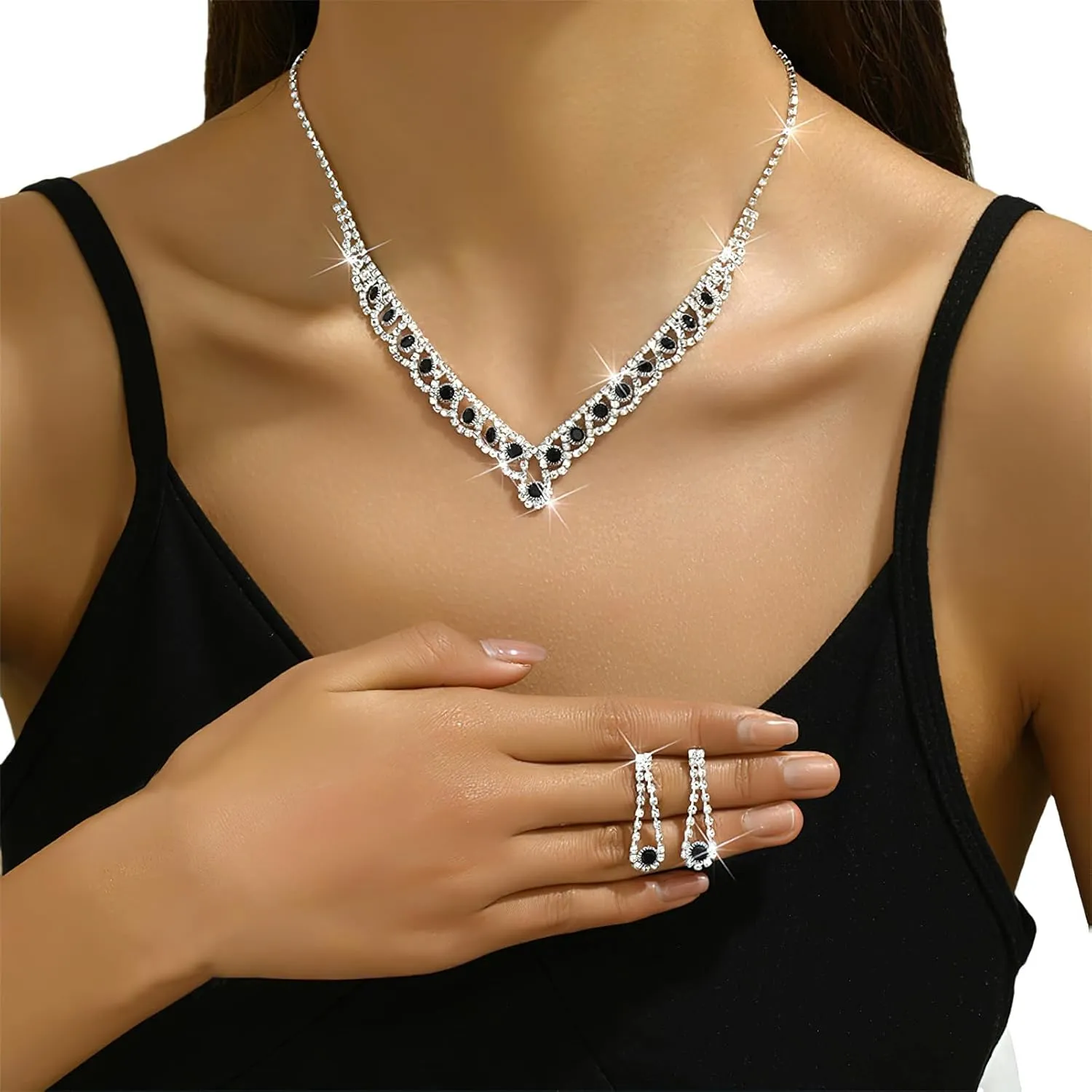 ANUFER Women's Zircon Rhinestones 4 Pieces Jewelry and Clutch Purse Set for Wedding Prom Evening Party