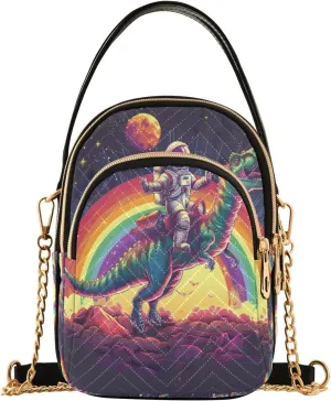 Astronauts Ride Dinosaurs Crossbody Handbags for Women Casual Leather Shoulder Phone Purse