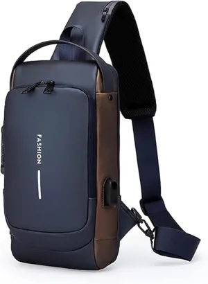 Auricz Bag, New Carbon Fiber Streamline Anti-Theft Sling Bag, Waterproof Crossbody Chest Bag with USB Charging (Blue Gold)