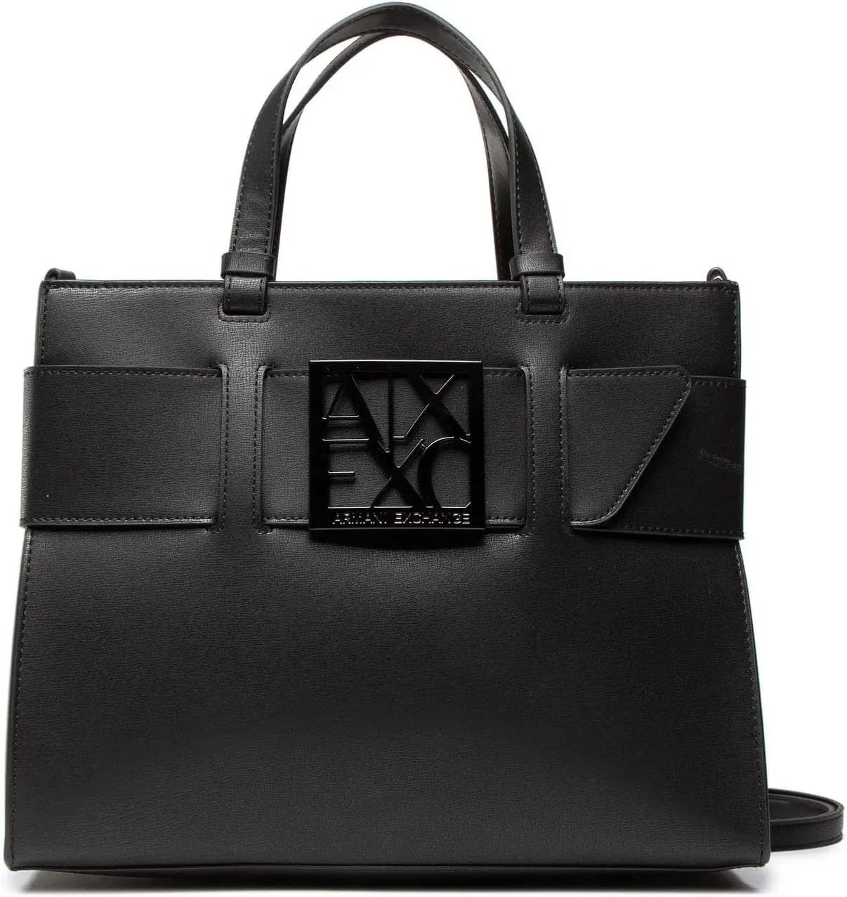 A｜X ARMANI EXCHANGE Buckle Front Large Structured Tote, Black