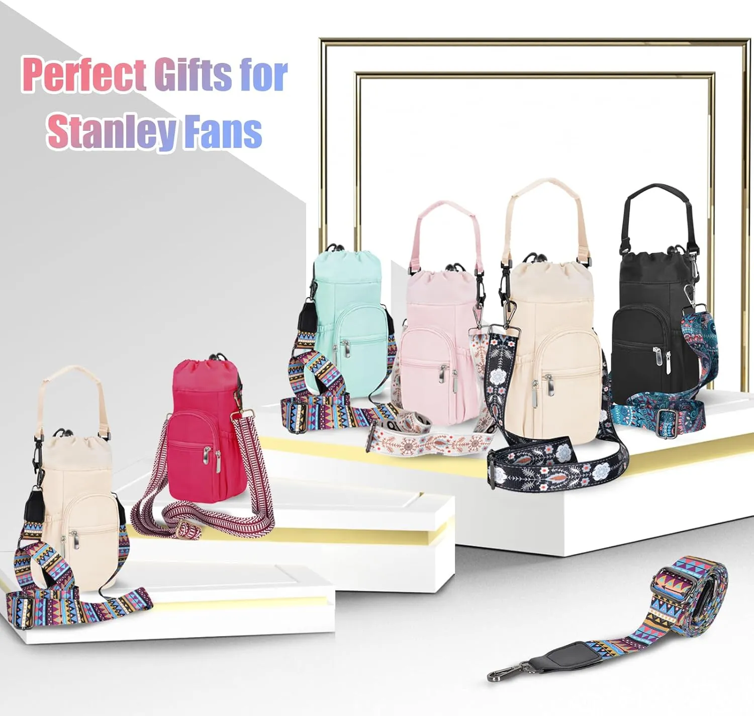 ayamaya Water Bottle Carrier Bag for Stanley 40 oz Tumbler - Water Bottle Holder Pouch with Phone Pocket & Adjustable Straps Bollus with Straw Cover for Stanley Cup Accessories Gifts for Men Women