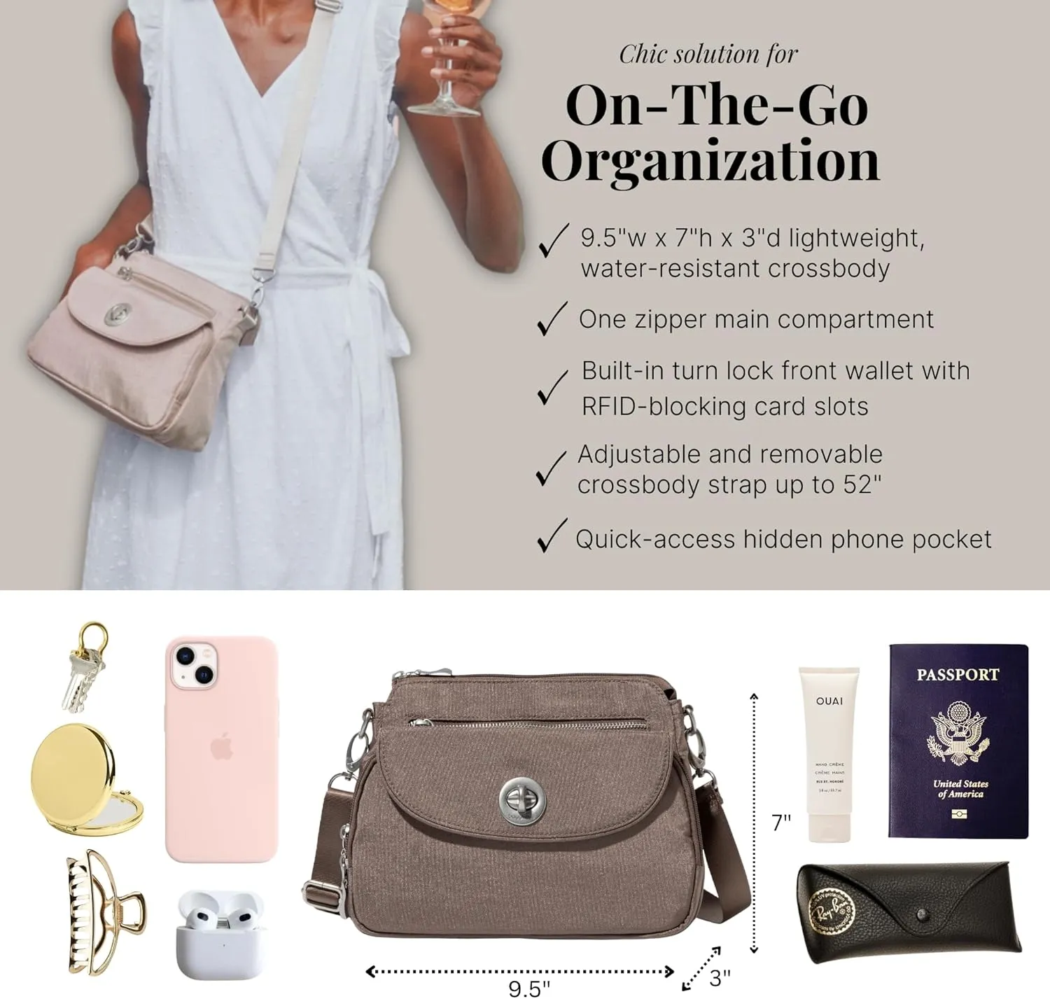 Baggallini Calais Crossbody Bags for Women 9.5"x7" Travel Handbag Purse w/RFID Front Wallet Lightweight Water-Resistant