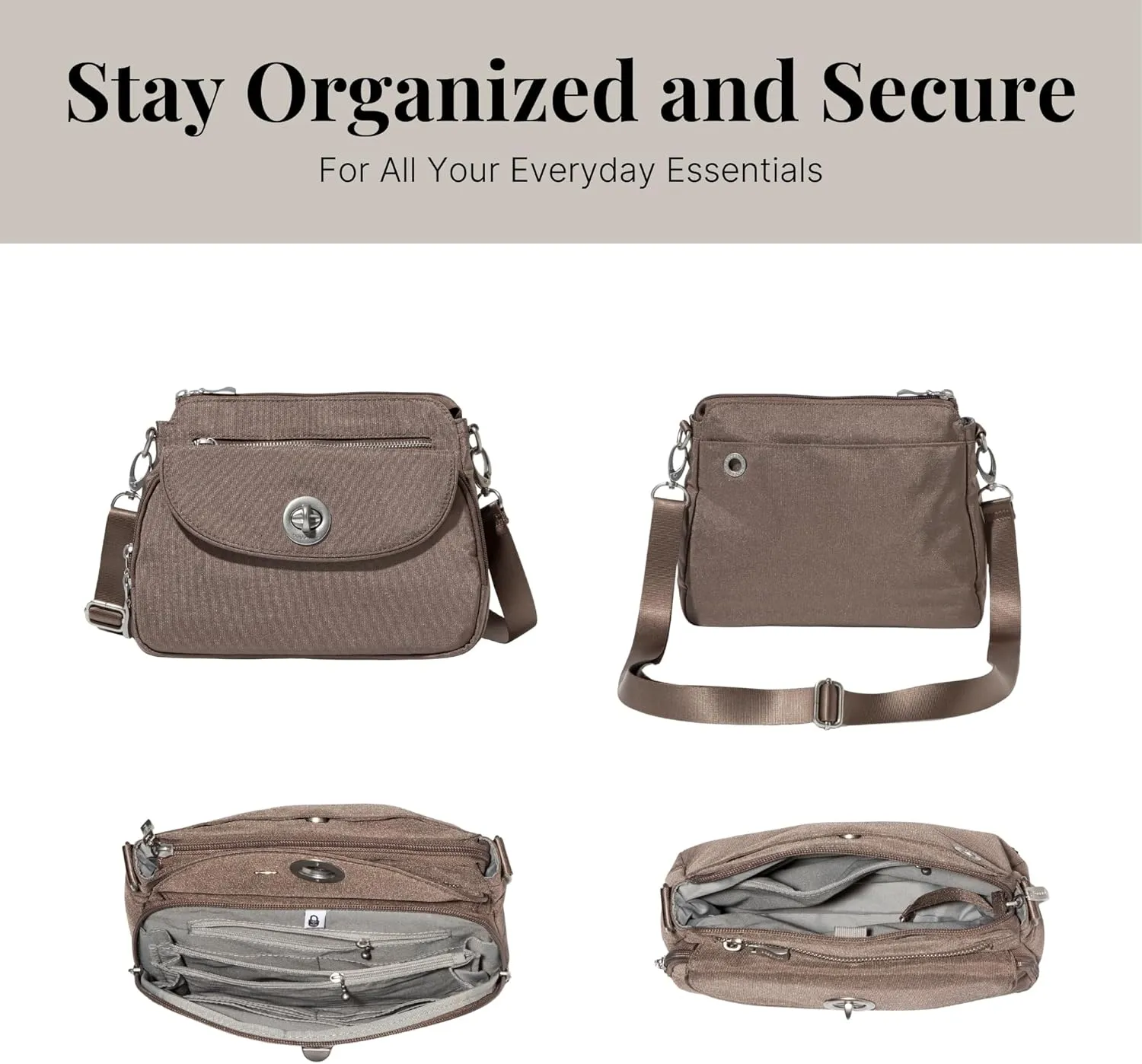 Baggallini Calais Crossbody Bags for Women 9.5"x7" Travel Handbag Purse w/RFID Front Wallet Lightweight Water-Resistant