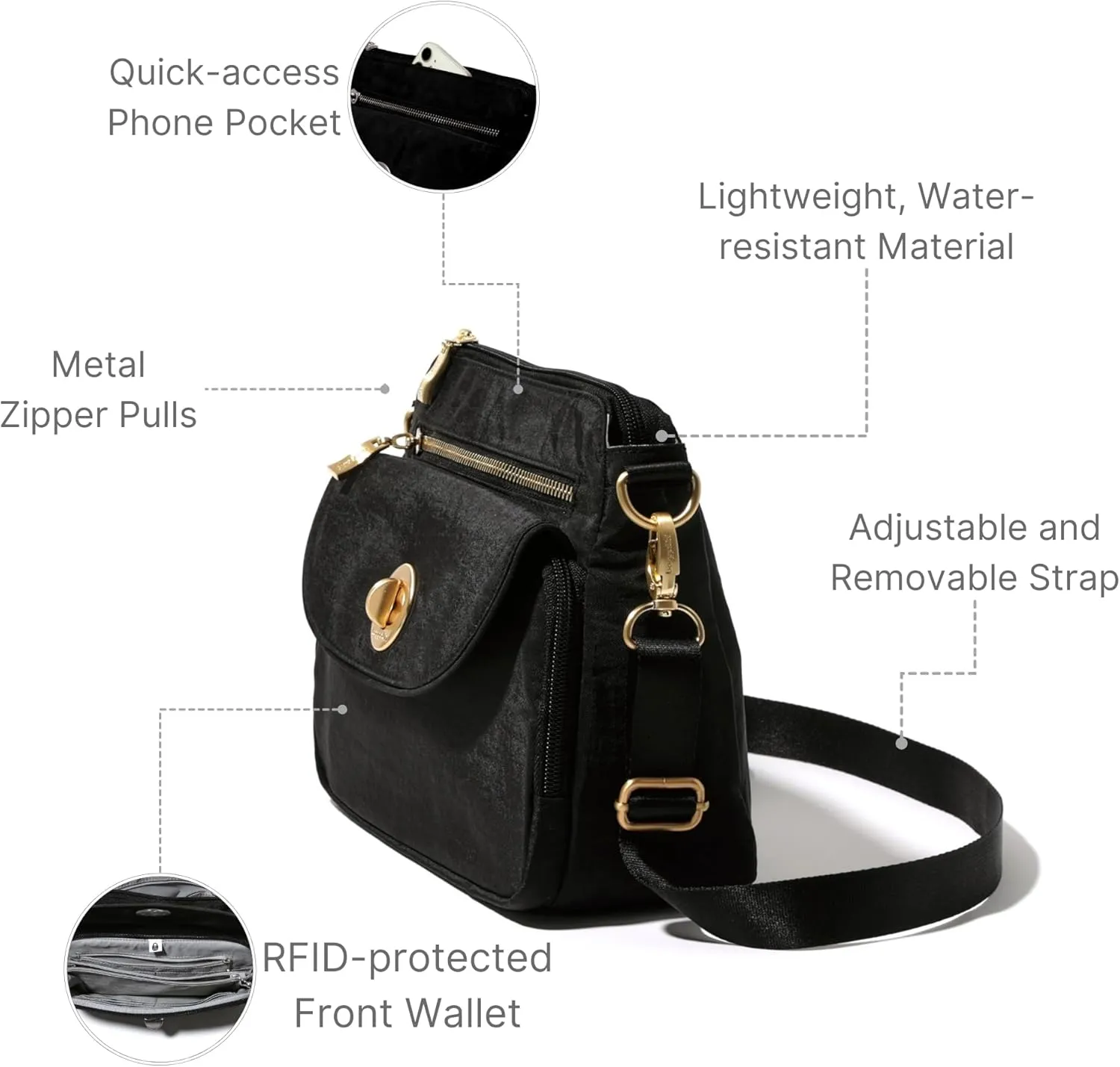 Baggallini Calais Crossbody Bags for Women 9.5"x7" Travel Handbag Purse w/RFID Front Wallet Lightweight Water-Resistant