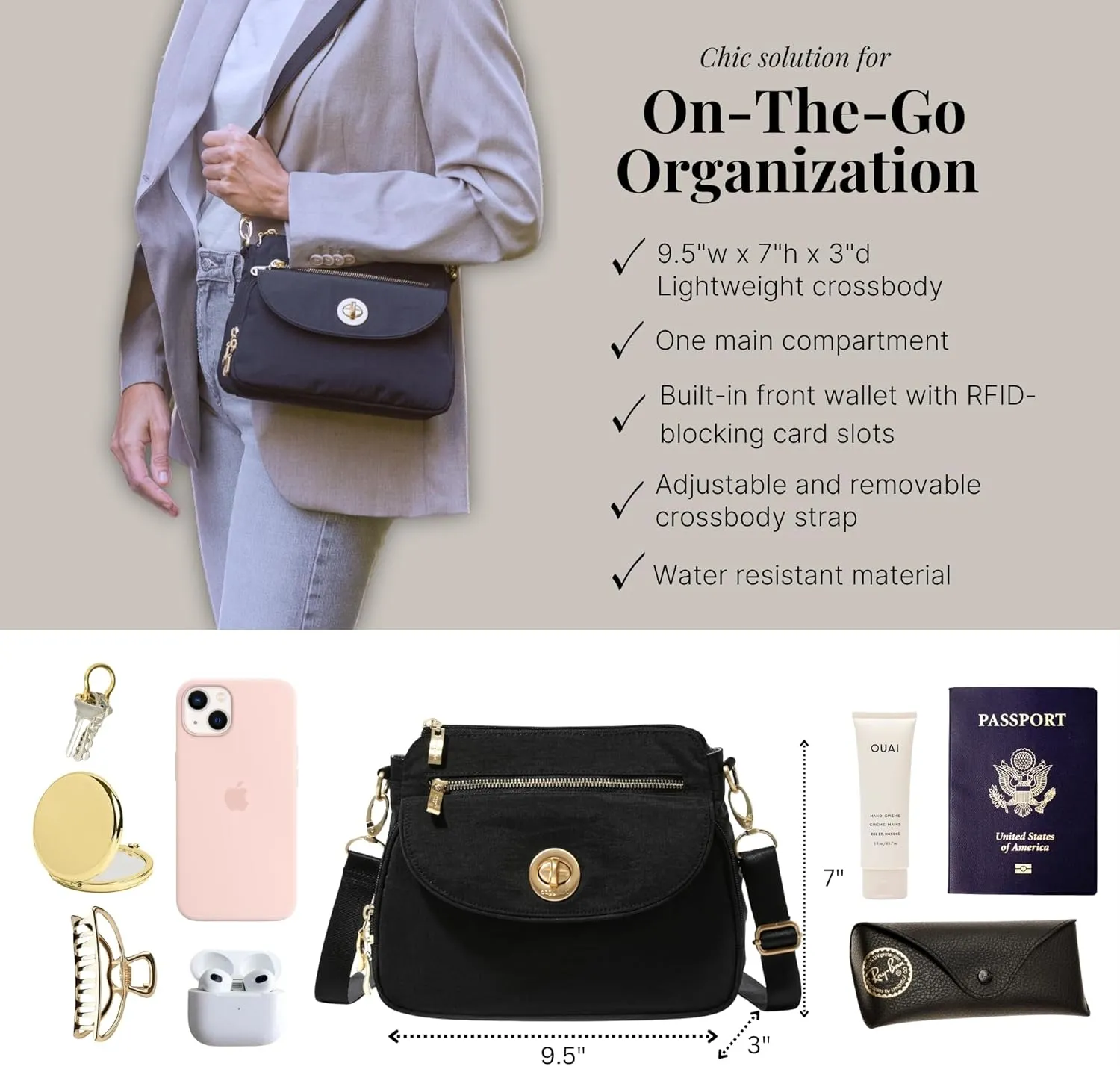 Baggallini Calais Crossbody Bags for Women 9.5"x7" Travel Handbag Purse w/RFID Front Wallet Lightweight Water-Resistant