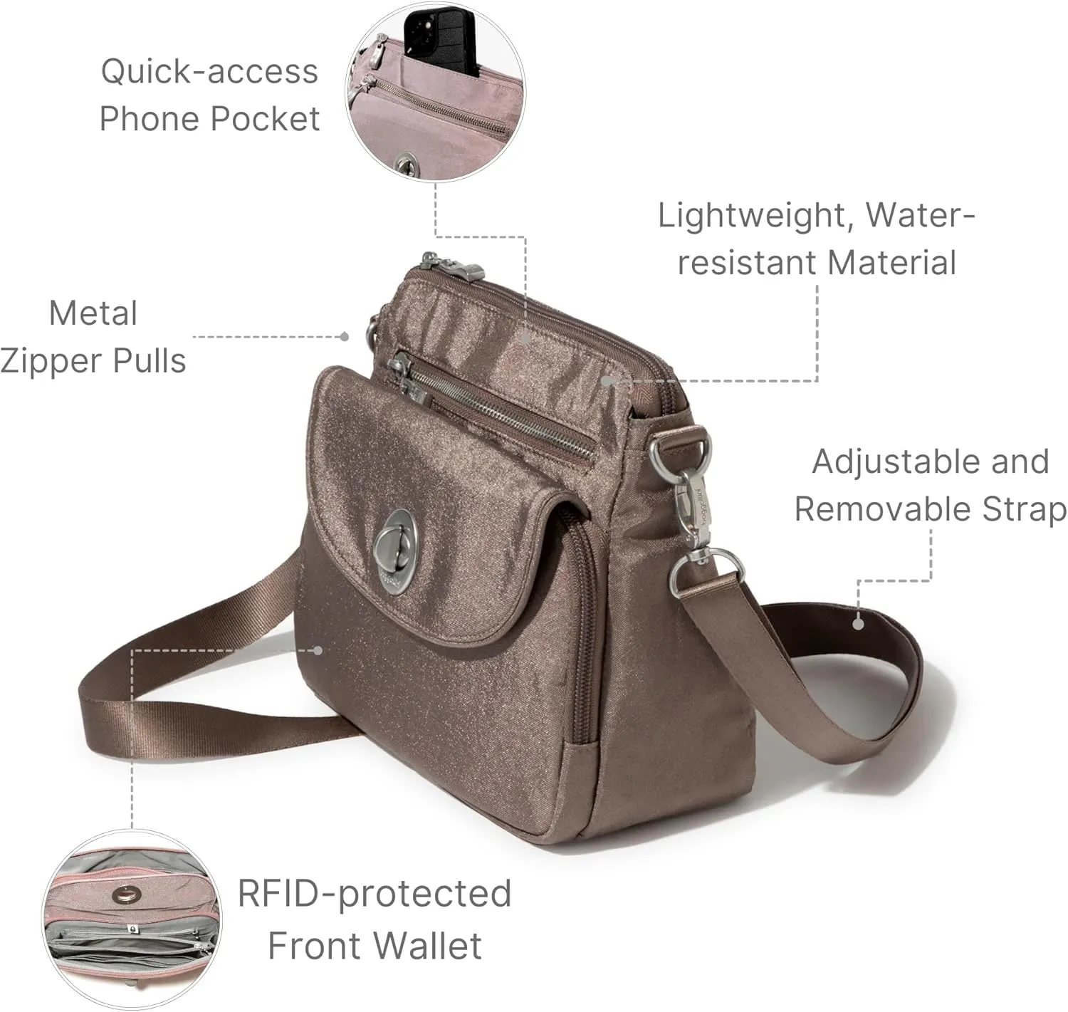 Baggallini Calais Crossbody Bags for Women 9.5"x7" Travel Handbag Purse w/RFID Front Wallet Lightweight Water-Resistant