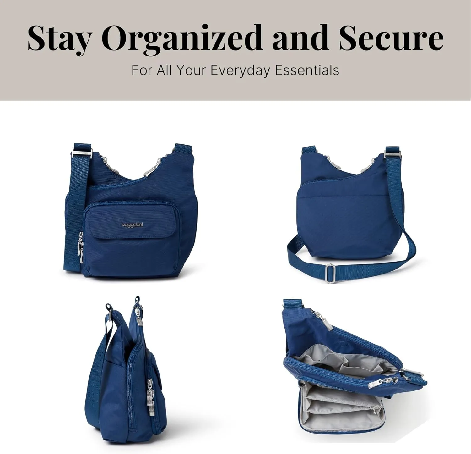 Baggallini Criss Cross 10x11 Crossbody Women Lightweight Water-Resistant Nylon Travel Bag W/RFID & Quick Access Pockets