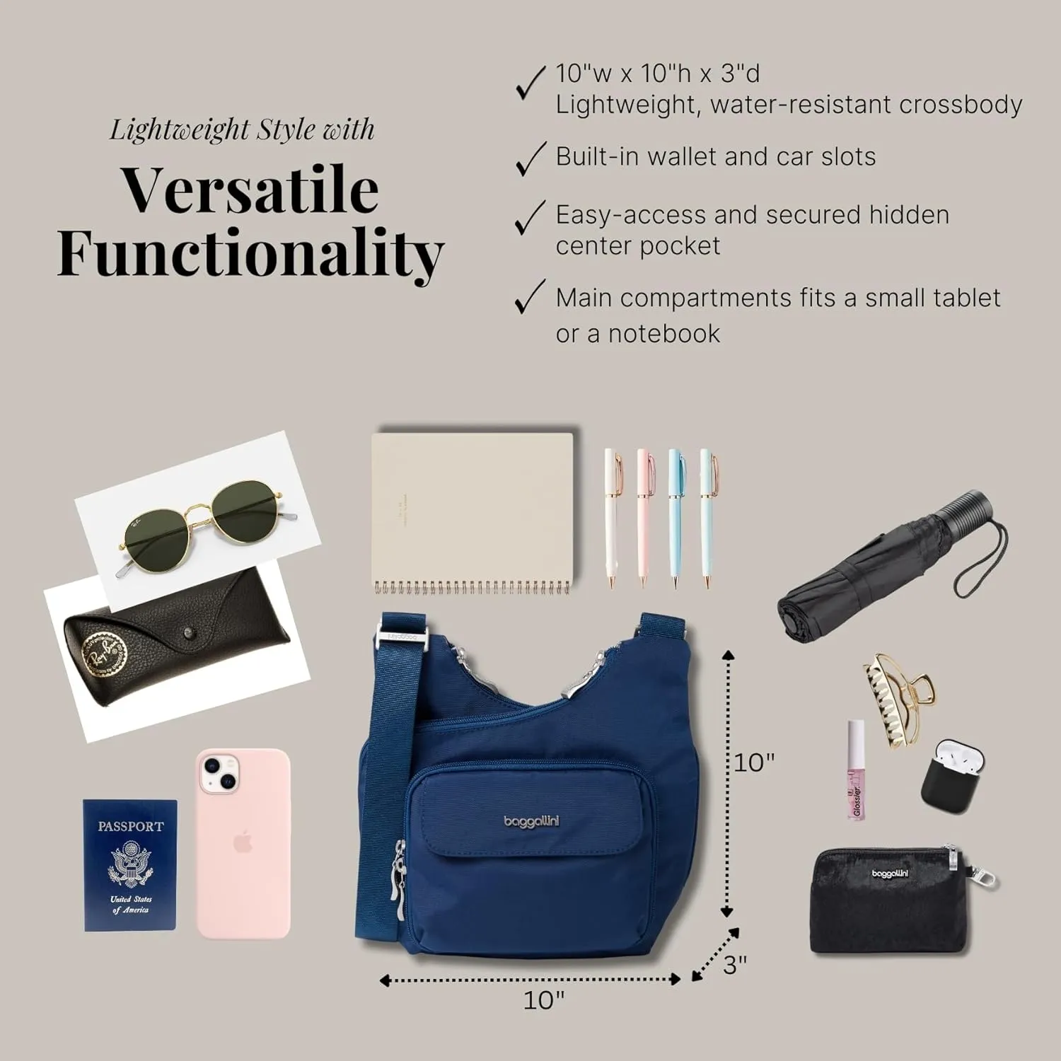 Baggallini Criss Cross 10x11 Crossbody Women Lightweight Water-Resistant Nylon Travel Bag W/RFID & Quick Access Pockets