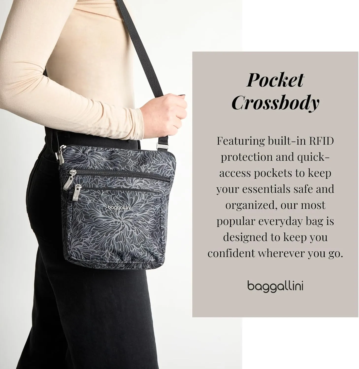 Baggallini Pocket Crossbody Bags for Women 8x8 Small Lightweight Durable Nylon Water-resistant Travel Purse W/Rfid Wristlet