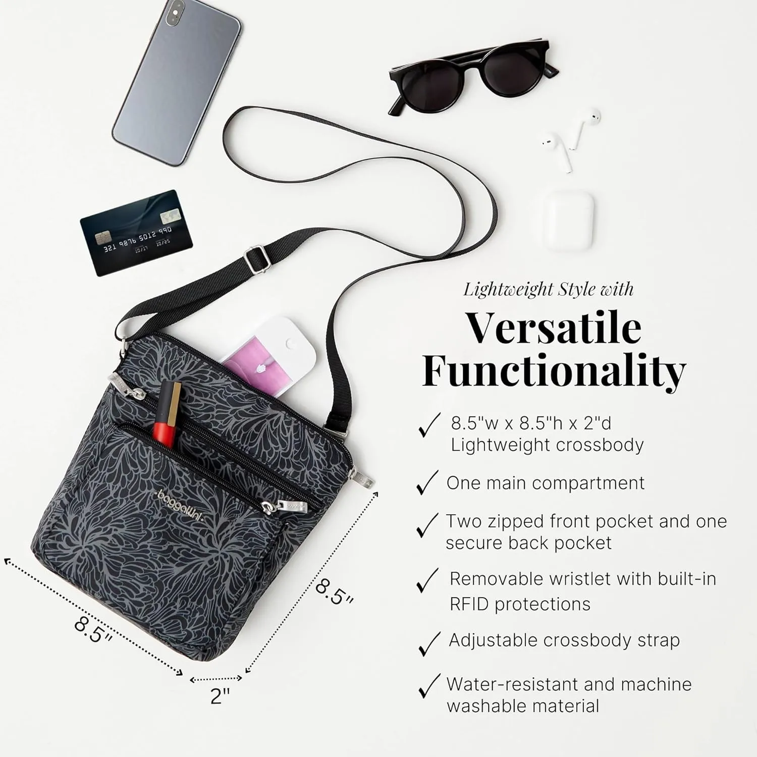 Baggallini Pocket Crossbody Bags for Women 8x8 Small Lightweight Durable Nylon Water-resistant Travel Purse W/Rfid Wristlet