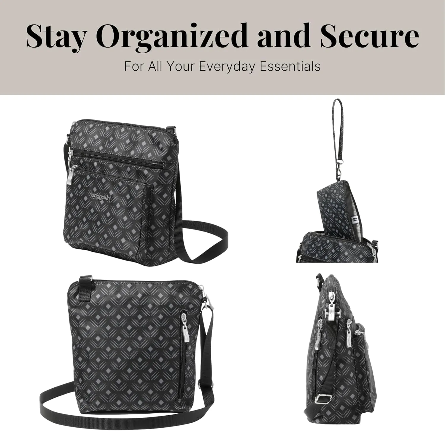 Baggallini Pocket Crossbody Bags for Women 8x8 Small Lightweight Durable Nylon Water-resistant Travel Purse W/Rfid Wristlet