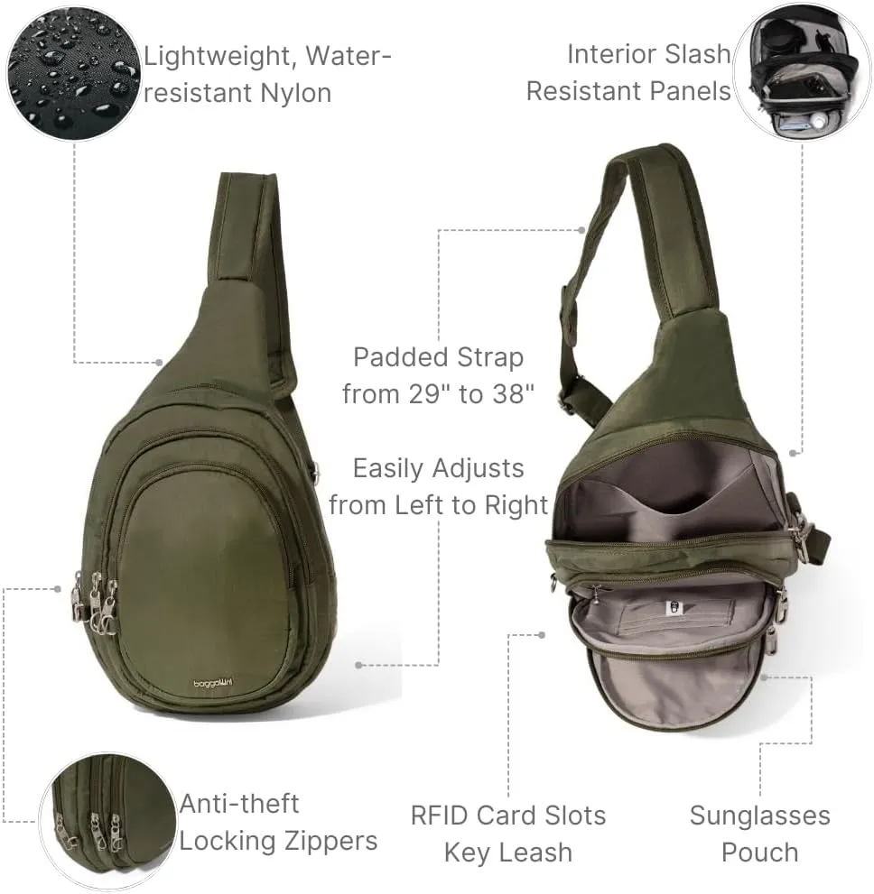 Baggallini Securtex® Anti-Theft Triple Zip Sling 8.6"x15.2" Travel Crossbody Backpack with RFID Wallet Locking Zipper