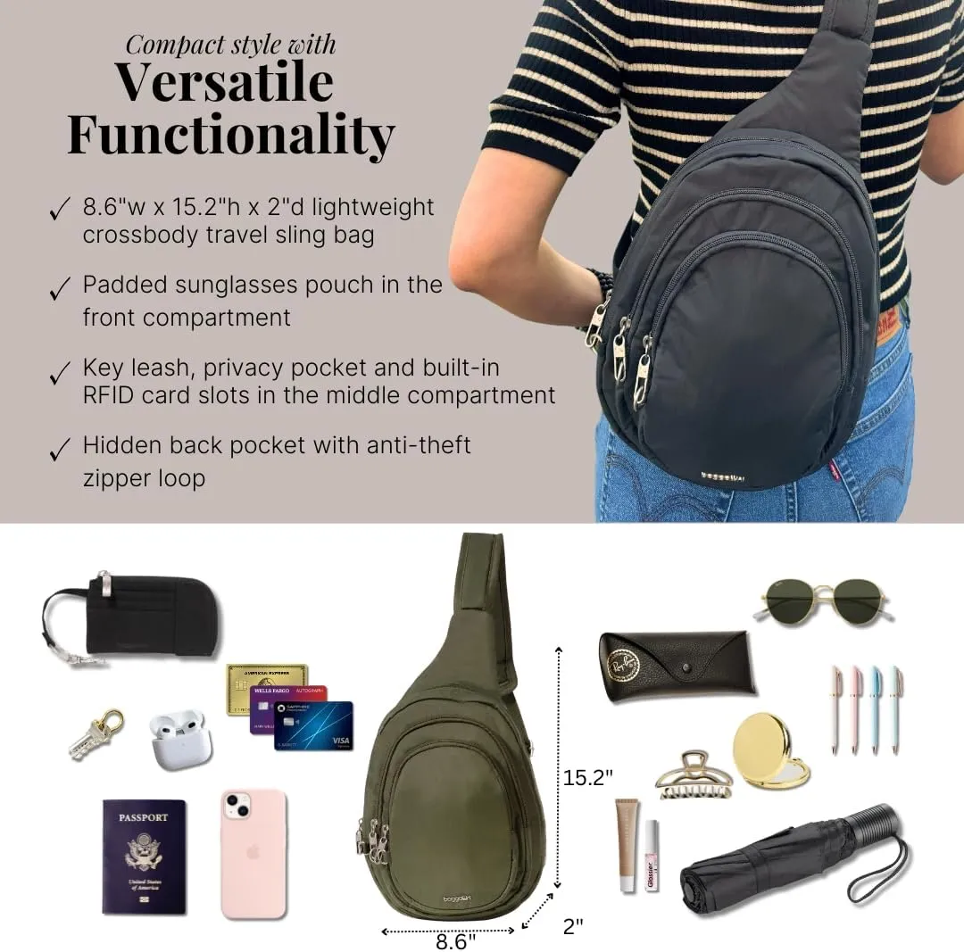 Baggallini Securtex® Anti-Theft Triple Zip Sling 8.6"x15.2" Travel Crossbody Backpack with RFID Wallet Locking Zipper