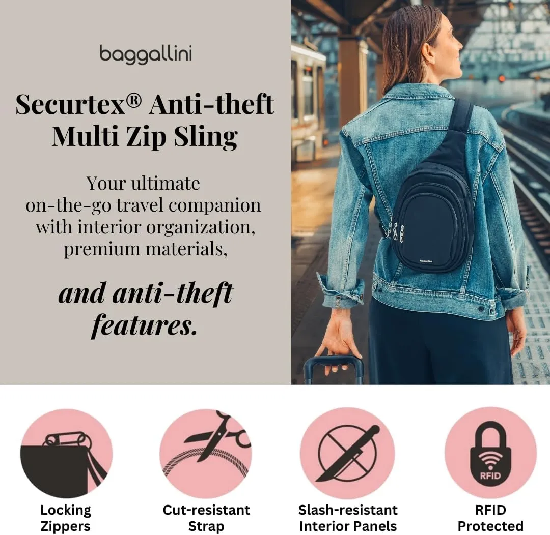 Baggallini Securtex® Anti-Theft Triple Zip Sling 8.6"x15.2" Travel Crossbody Backpack with RFID Wallet Locking Zipper