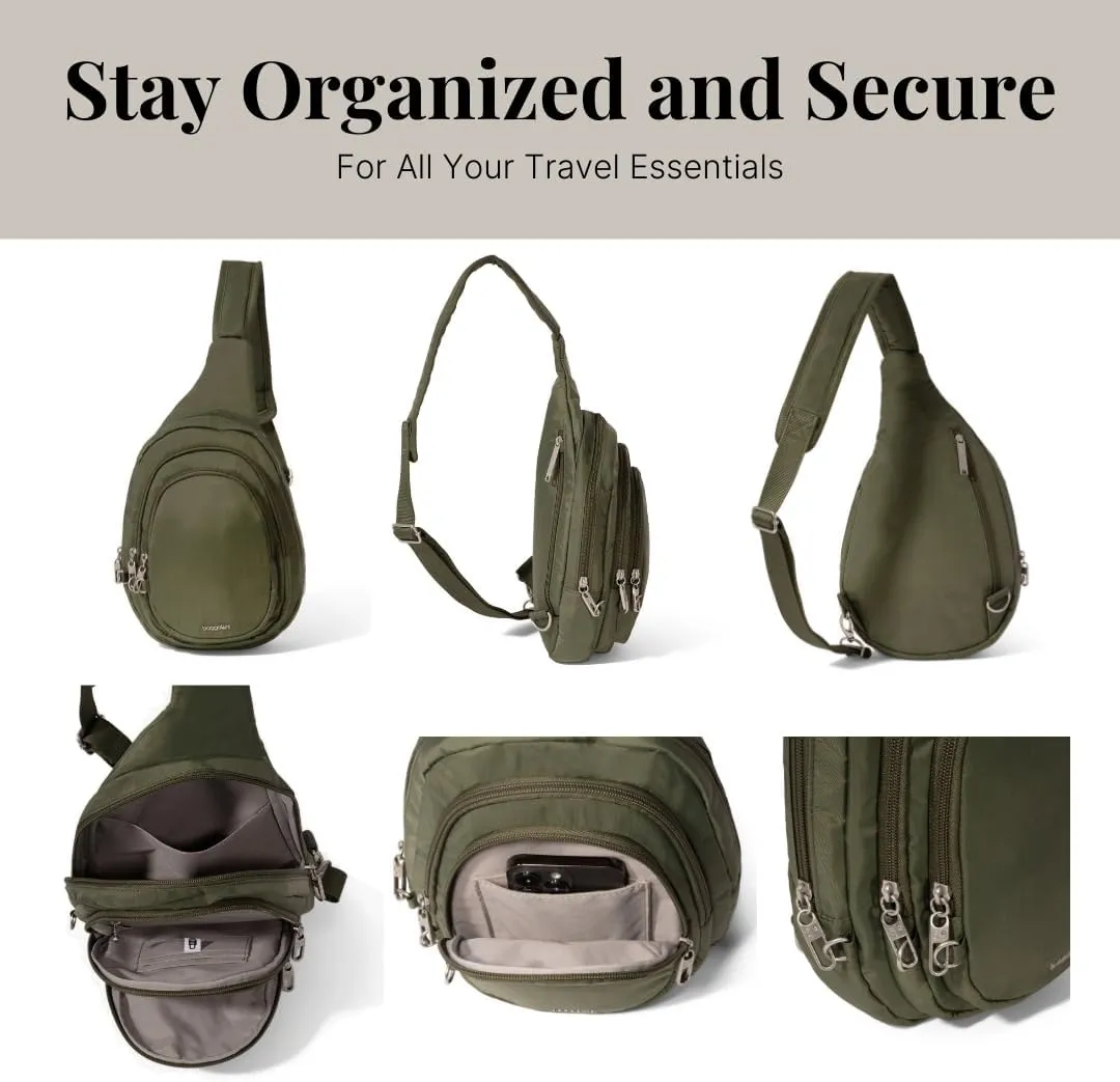 Baggallini Securtex® Anti-Theft Triple Zip Sling 8.6"x15.2" Travel Crossbody Backpack with RFID Wallet Locking Zipper
