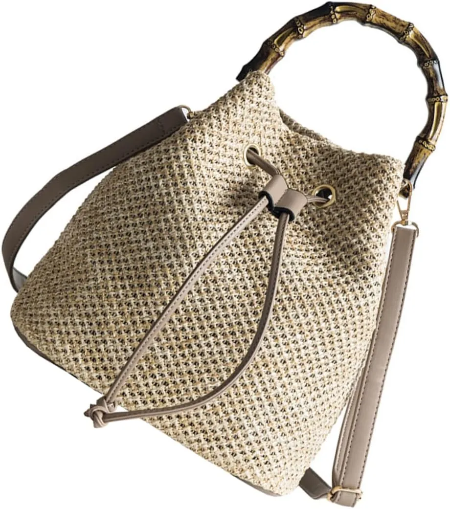 Bamboo Bucket Bag Straw Drawstring Tote Crossbody Bag for Women Straw Shoulder Handbag