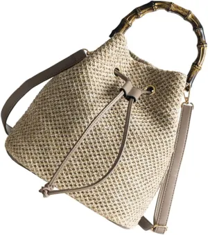Bamboo Bucket Bag Straw Drawstring Tote Crossbody Bag for Women Straw Shoulder Handbag