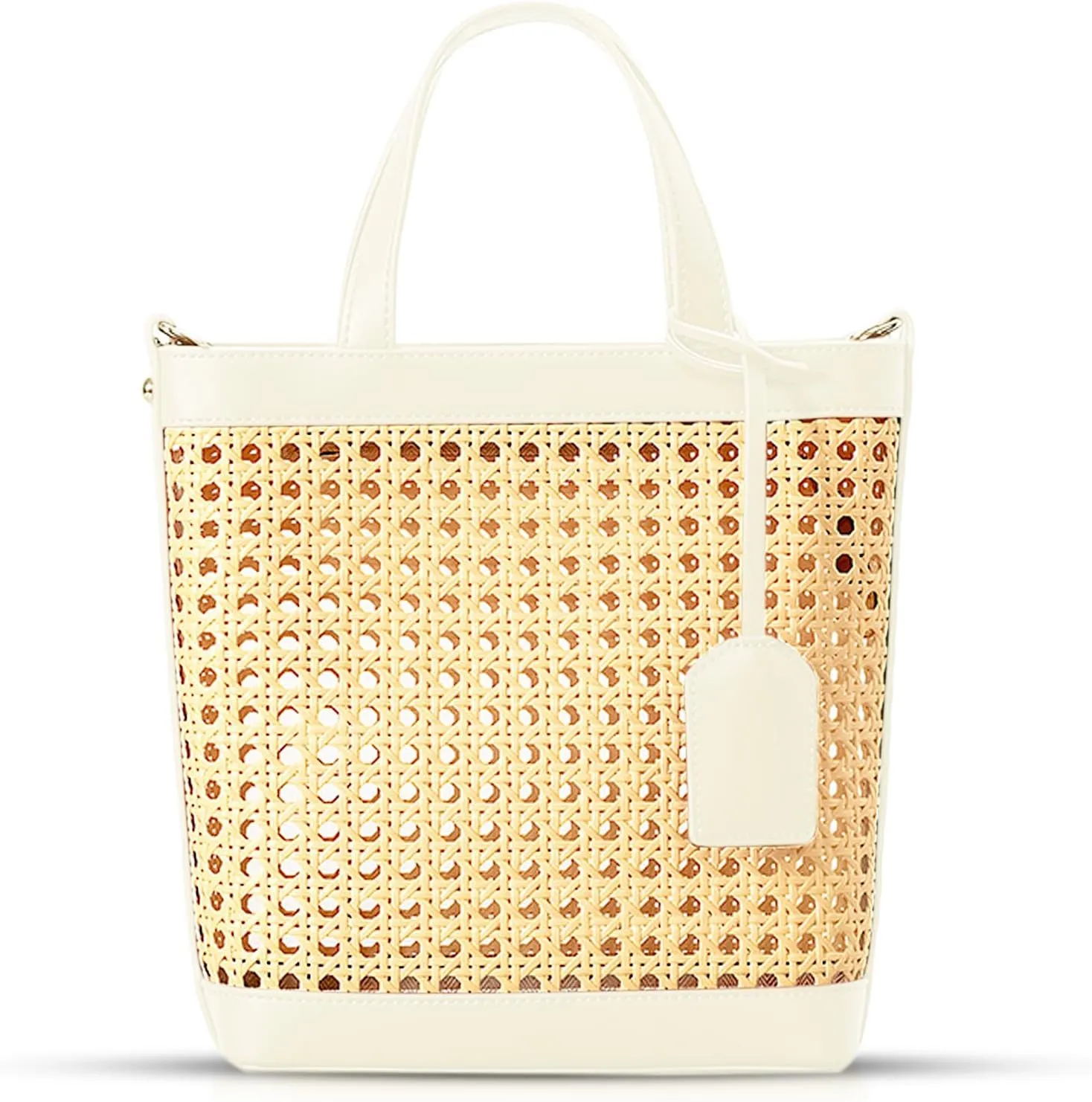 Beach Bag, Bamboo Openwork Straw Bag Stitched Leather, With Adjustable Shoulder Strap, Crossbody Bag for Women Vacation Travel Daily Matching(White)
