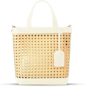 Beach Bag, Bamboo Openwork Straw Bag Stitched Leather, With Adjustable Shoulder Strap, Crossbody Bag for Women Vacation Travel Daily Matching(White)