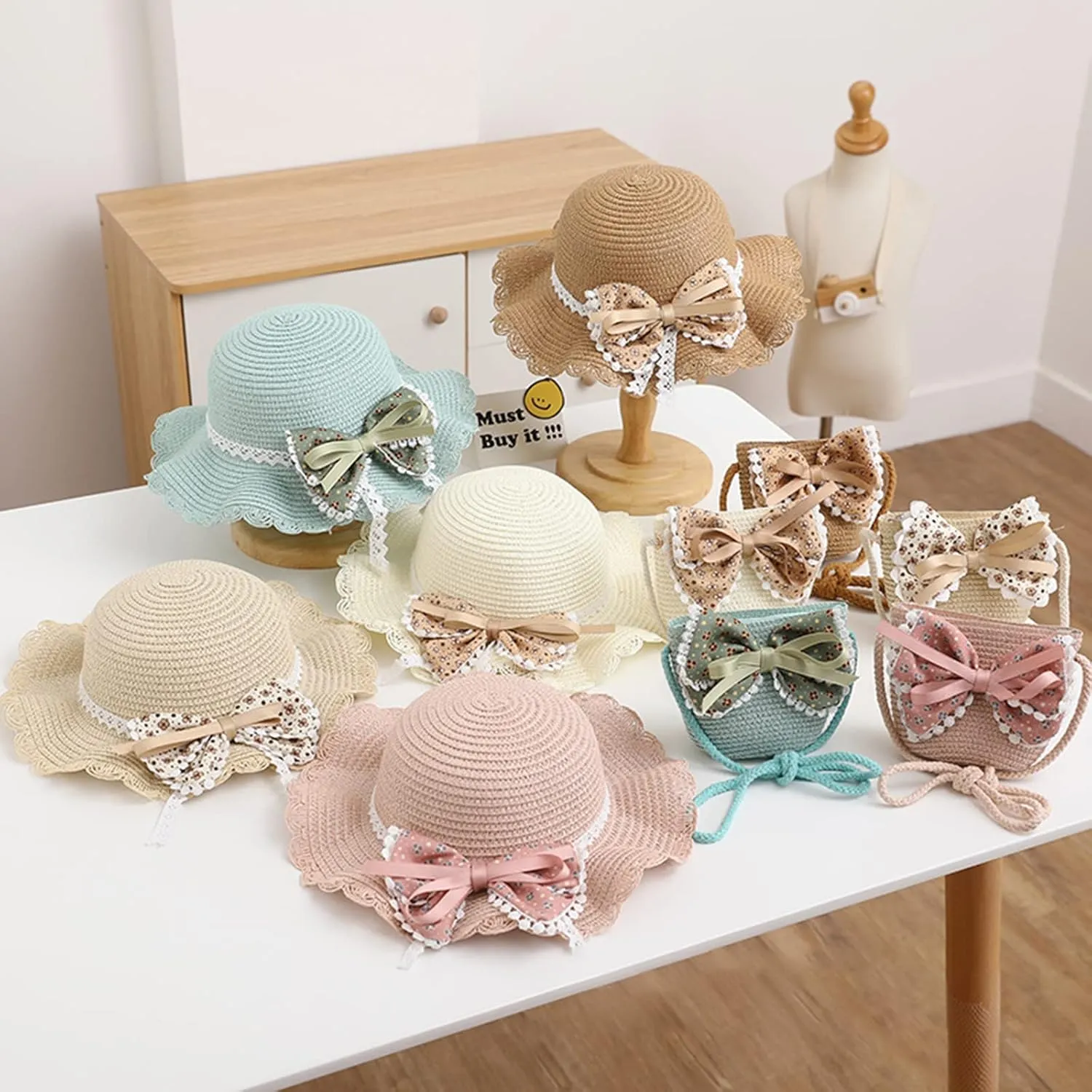 Beach Hats for Toddler Girls Straw Hat with Shoulder Bag Kids Bow Hats Set Little Girl Sun Hat