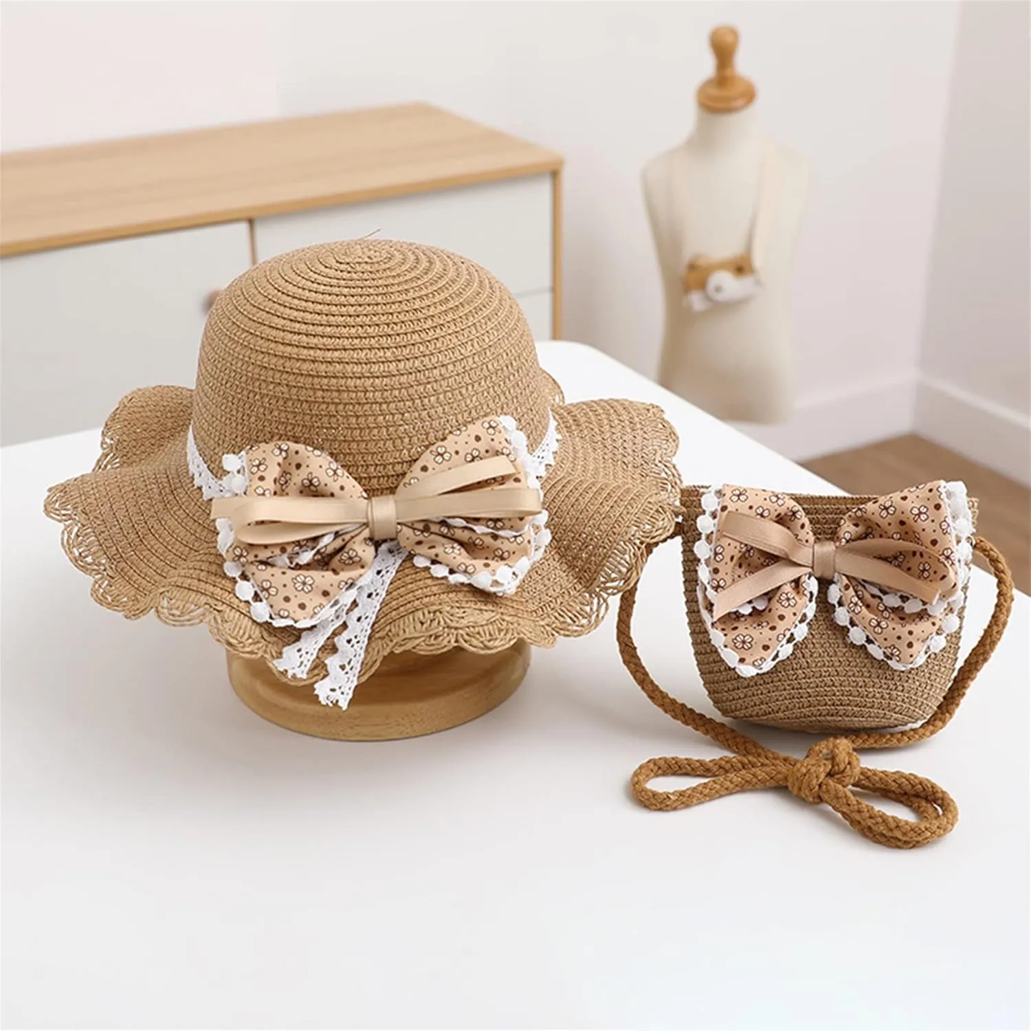 Beach Hats for Toddler Girls Straw Hat with Shoulder Bag Kids Bow Hats Set Little Girl Sun Hat