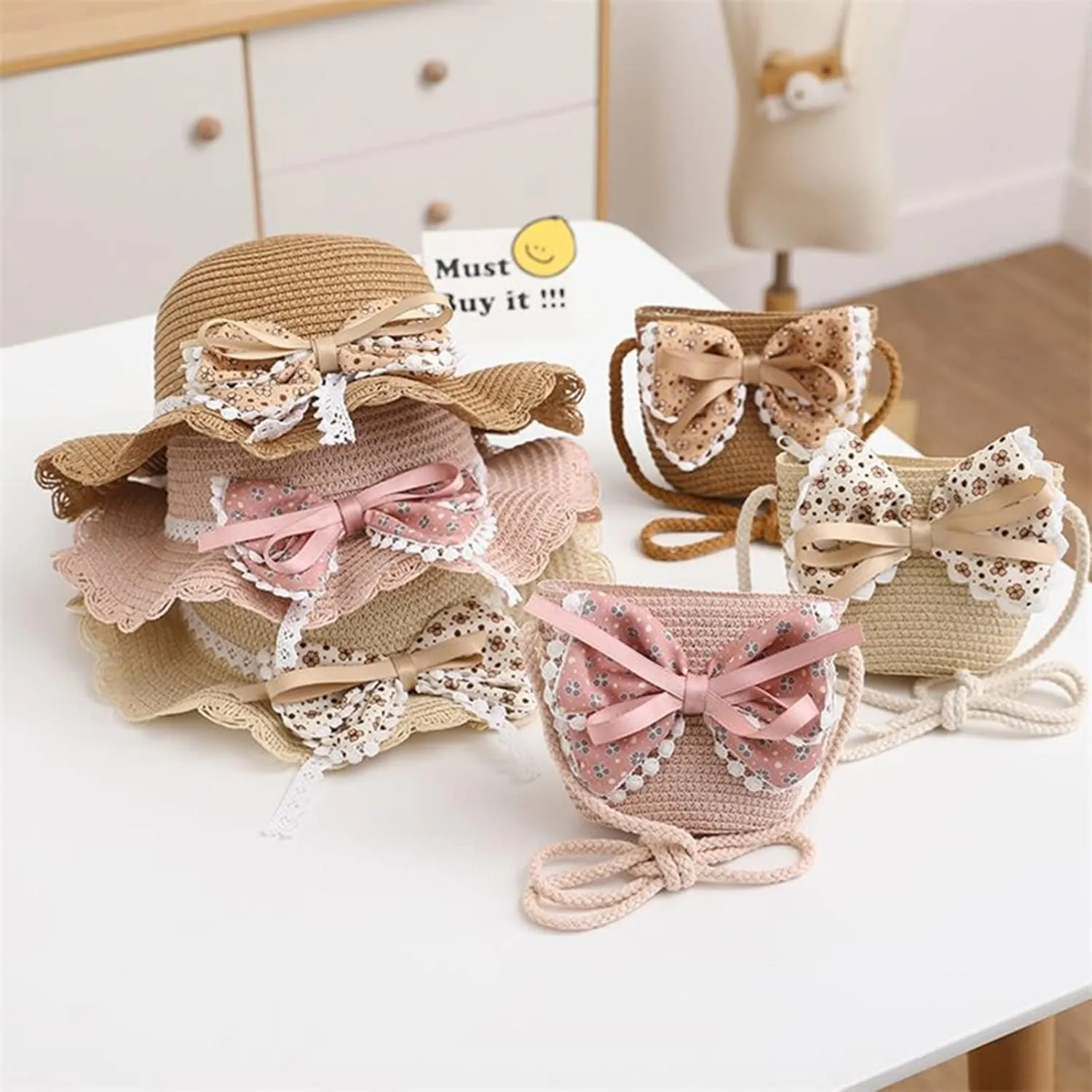 Beach Hats for Toddler Girls Straw Hat with Shoulder Bag Kids Bow Hats Set Little Girl Sun Hat
