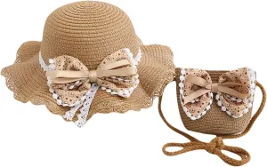 Beach Hats for Toddler Girls Straw Hat with Shoulder Bag Kids Bow Hats Set Little Girl Sun Hat