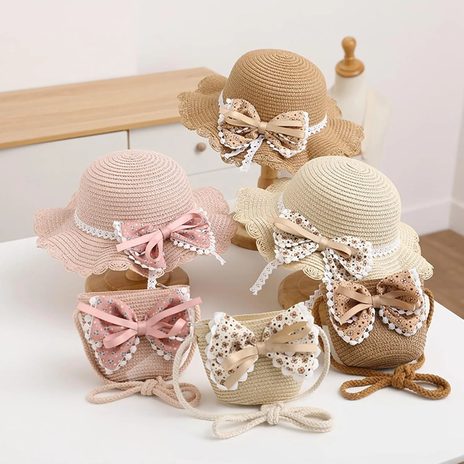 Beach Hats for Toddler Girls Straw Hat with Shoulder Bag Kids Bow Hats Set Little Girl Sun Hat