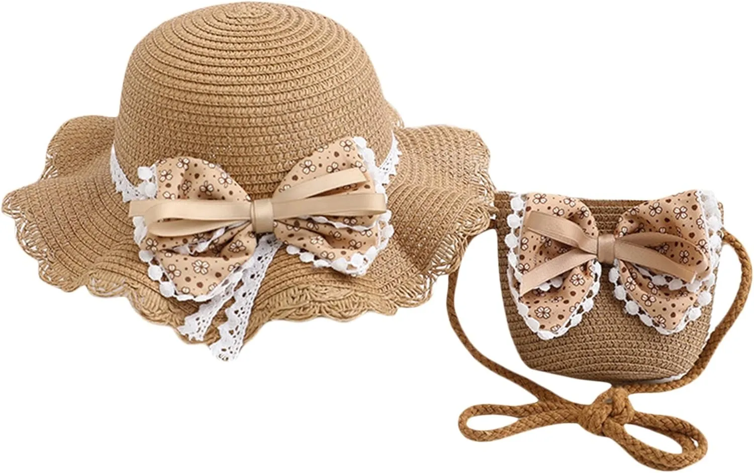 Beach Hats for Toddler Girls Straw Hat with Shoulder Bag Kids Bow Hats Set Little Girl Sun Hat