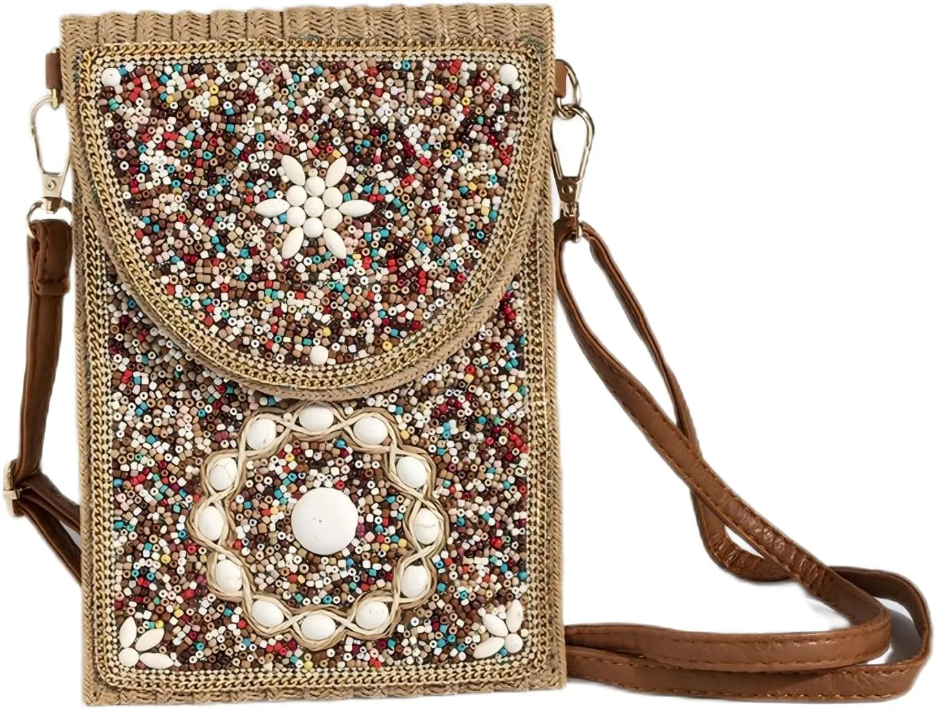 Beaded Crossbody Bag for Women, Small Cell Phone Shoulder Purse Wallet, Straw Woven Design with Colorful beads Embellishments