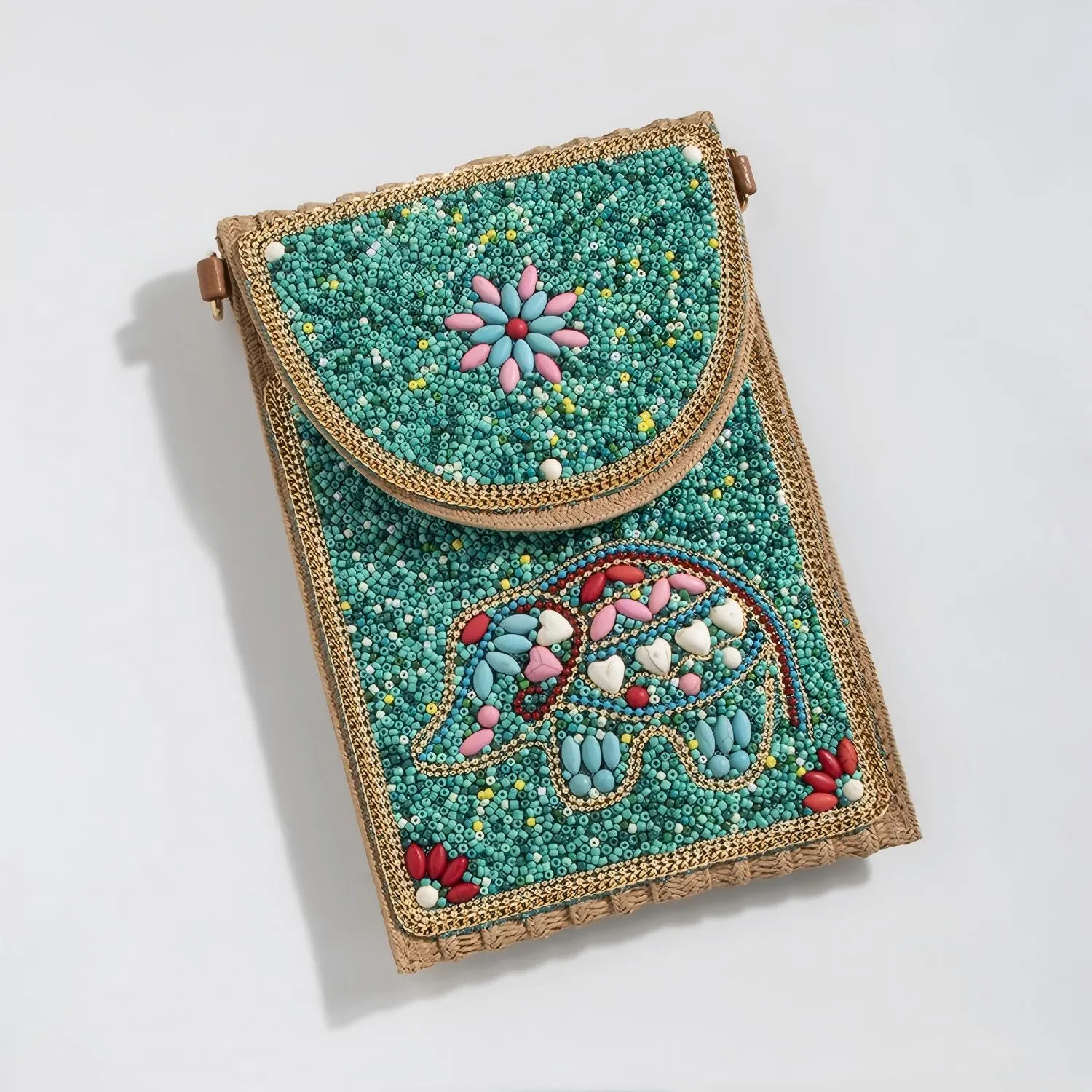 Beaded Crossbody Bag for Women, Small Cell Phone Shoulder Purse Wallet, Straw Woven Design with Colorful beads Embellishments
