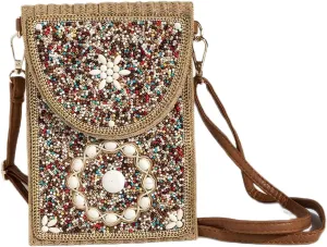 Beaded Crossbody Bag for Women, Small Cell Phone Shoulder Purse Wallet, Straw Woven Design with Colorful beads Embellishments