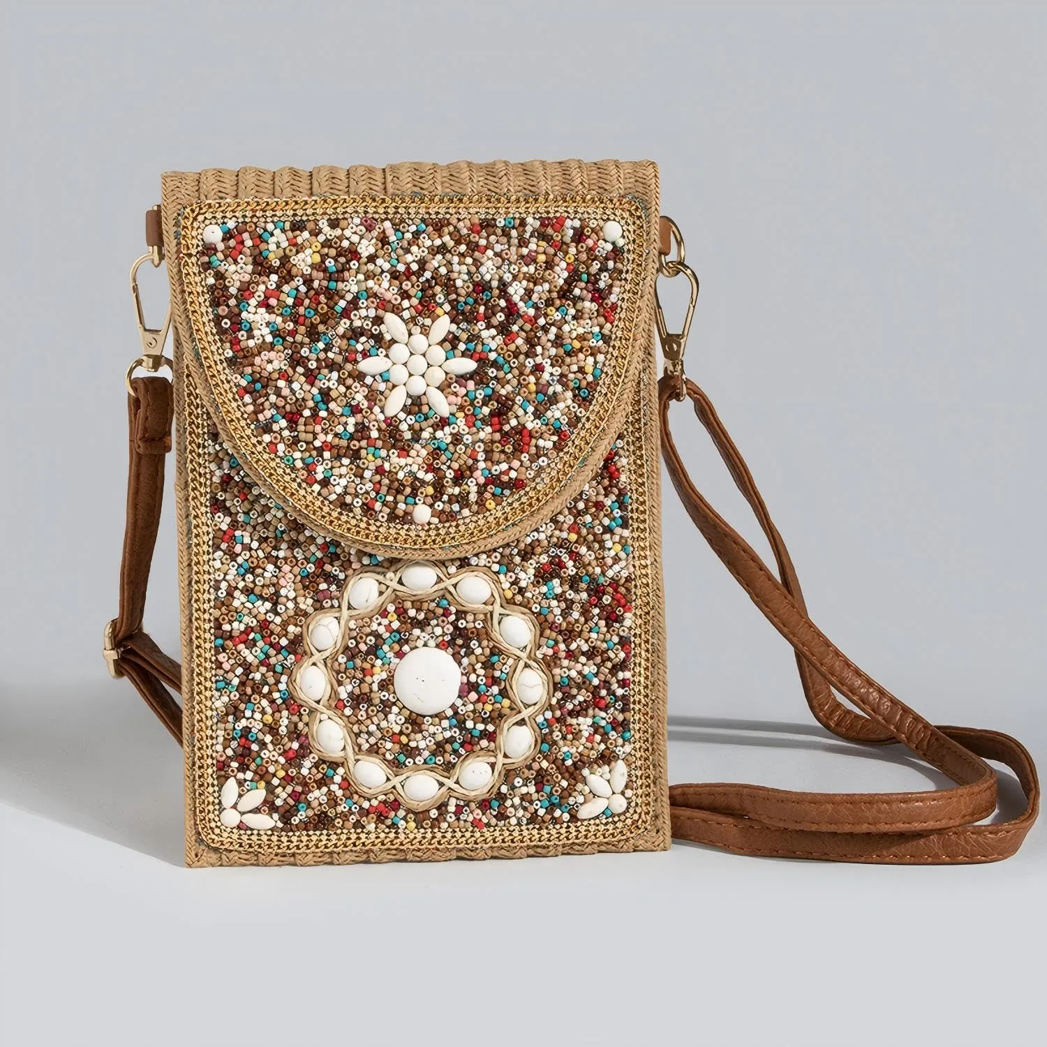 Beaded Crossbody Bag for Women, Small Cell Phone Shoulder Purse Wallet, Straw Woven Design with Colorful beads Embellishments