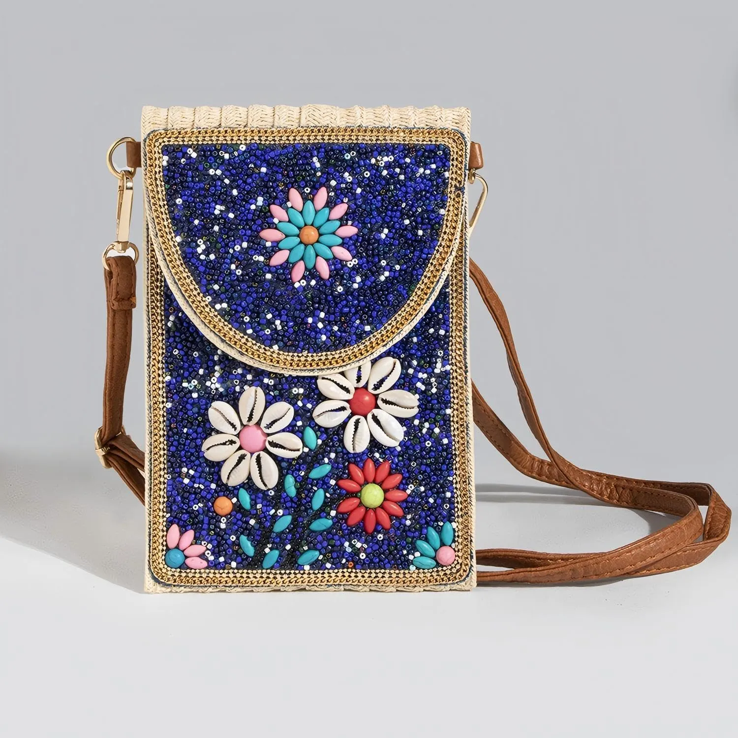 Beaded Crossbody Bag for Women, Small Cell Phone Shoulder Purse Wallet, Straw Woven Design with Colorful beads Embellishments