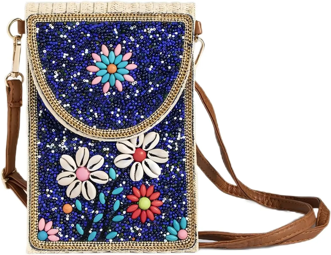 Beaded Crossbody Bag for Women, Small Cell Phone Shoulder Purse Wallet, Straw Woven Design with Colorful beads Embellishments