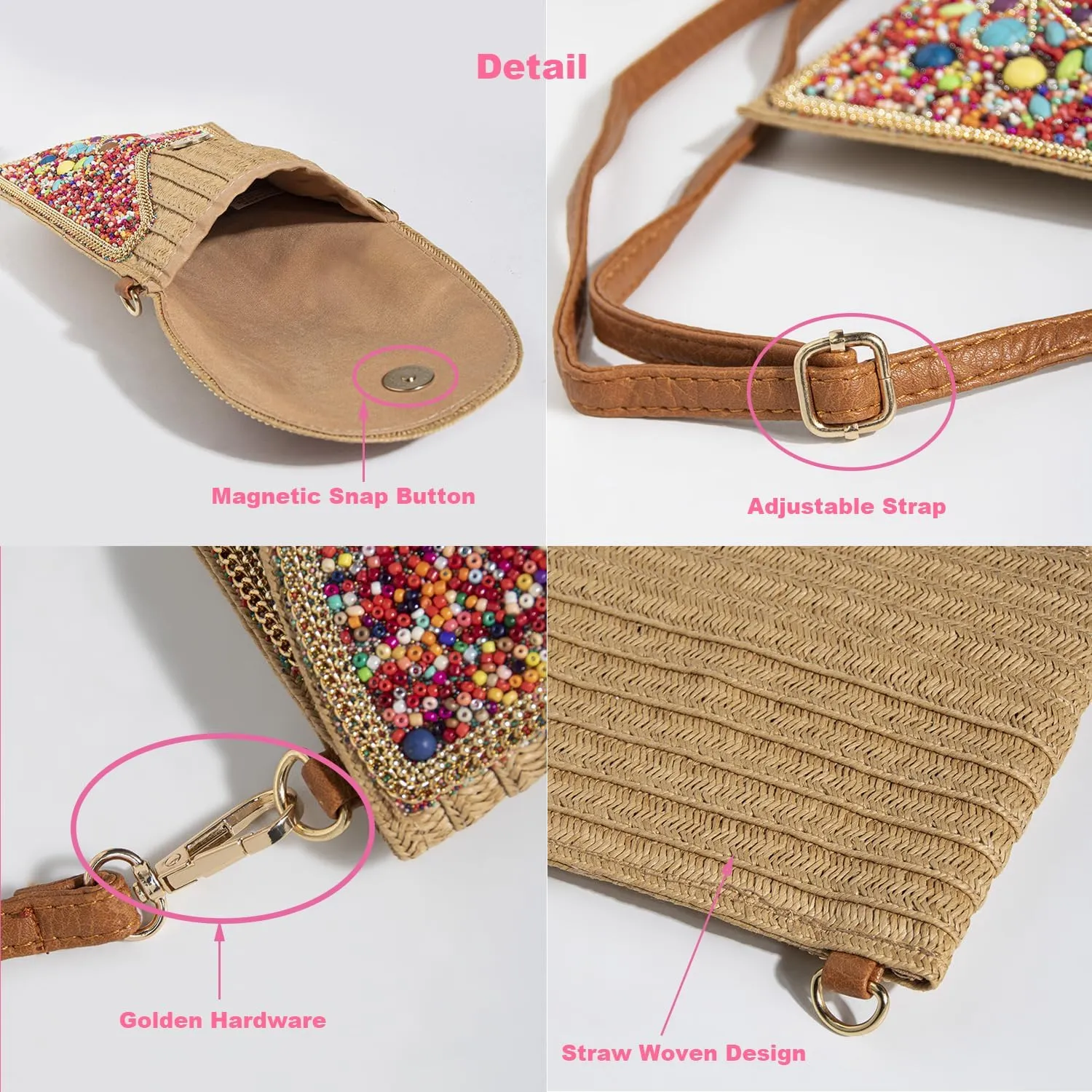 Beaded Crossbody Bag for Women, Small Cell Phone Shoulder Purse Wallet, Straw Woven Design with Colorful beads Embellishments