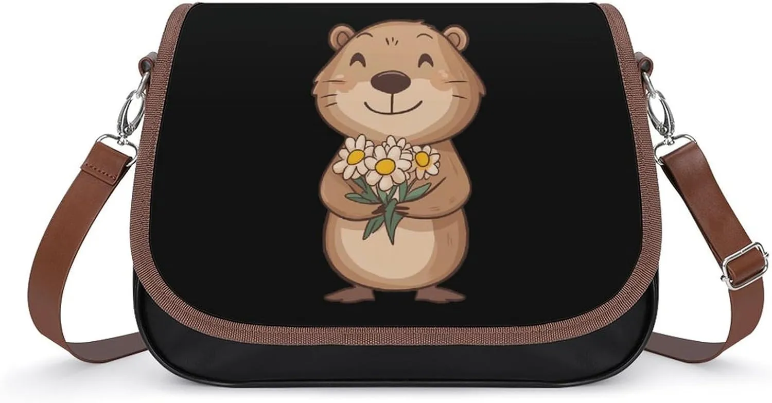 Beaver with Bouquet Flowers Crossbody Bags for Women Shoulder Bag Flap Handbags Leather Cross Body Purse