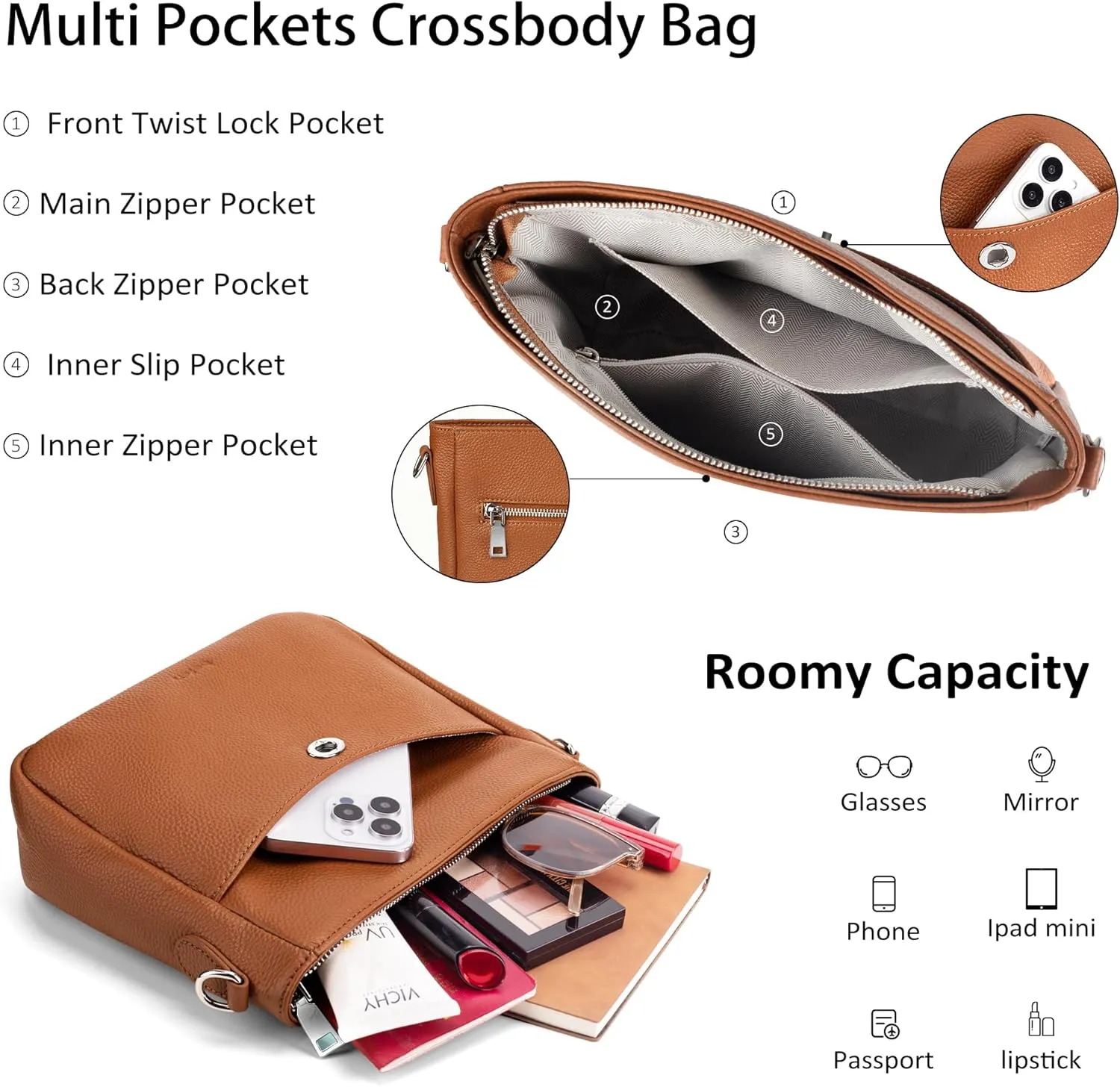 befen Genuine Leather Crossbody Bags for Women, Women's Shoulder Purse Hobo Handbags with Adjustable Wide Strap